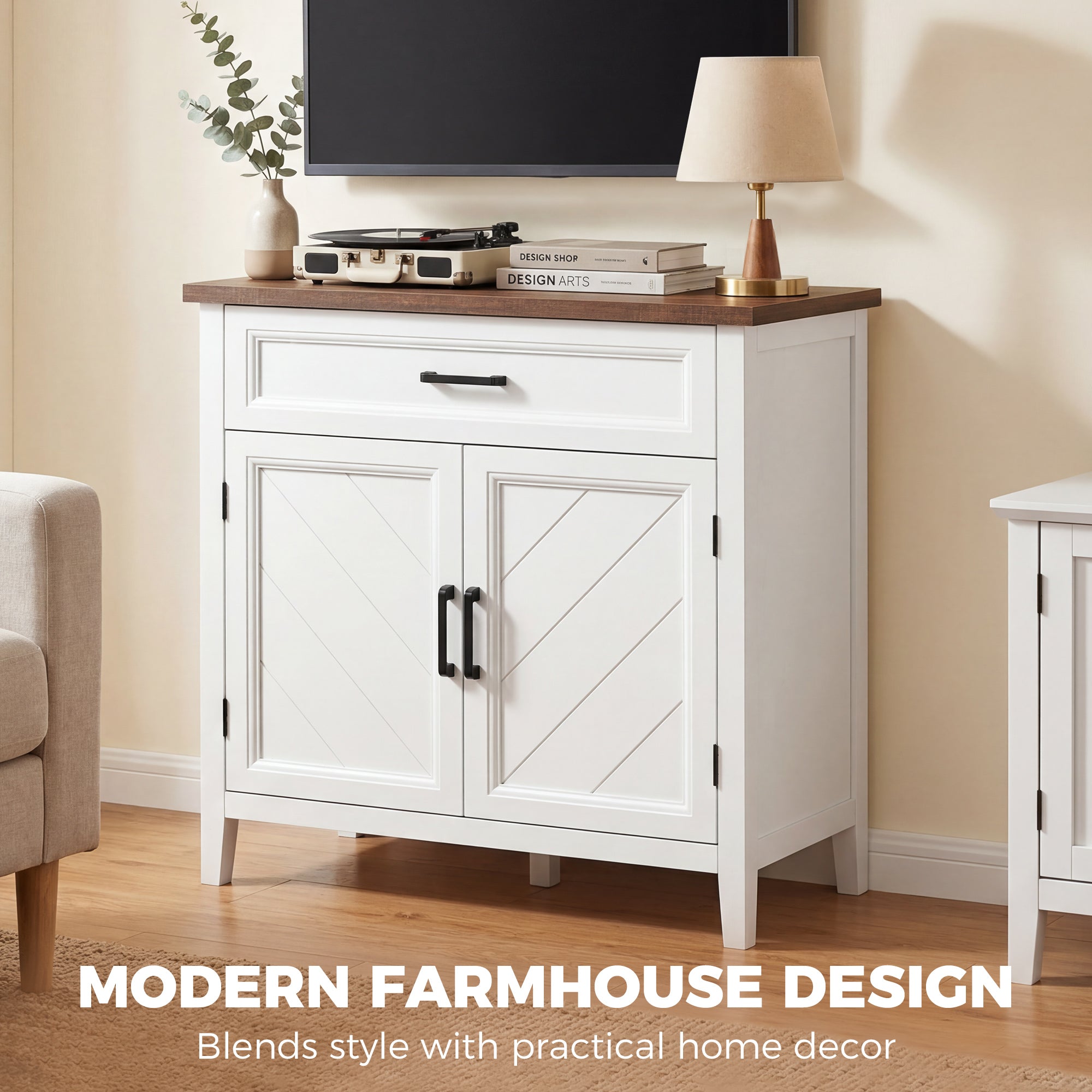 Modern Farmhouse Sideboard Buffet Cabinet with Storage & 2 Doors, 30" Narrow Sideboard, Kitchen Storage Cabinet with Adjustable Shelf, for Kitchen, Living Room, White