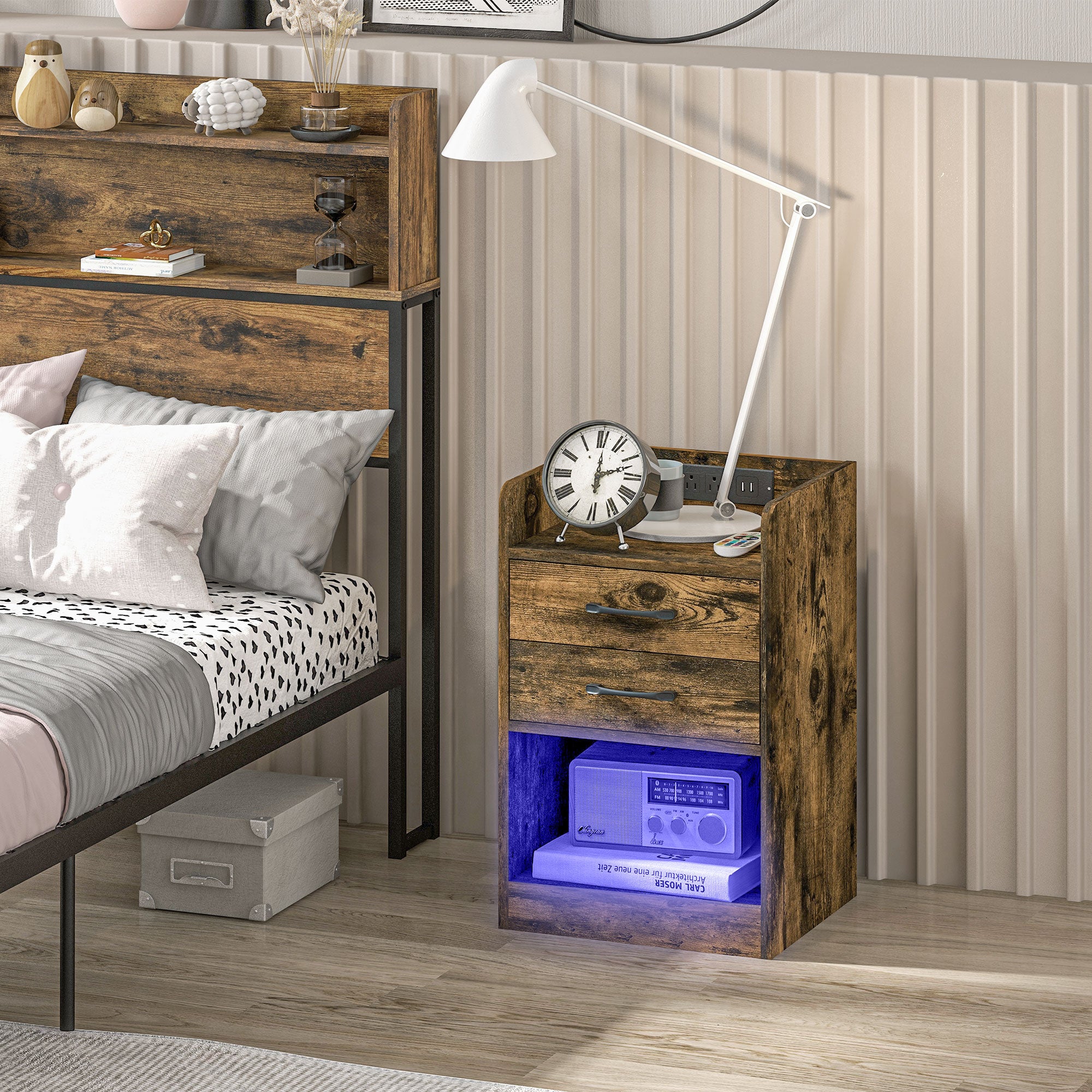 HOMCOM Nightstand with Charging Station and LED Lights, Bedside Table with 2 AC and USB Power Outlets, Side Table with Storage Shelf, 2 Drawers and Remote for Bedroom, Rustic Brown