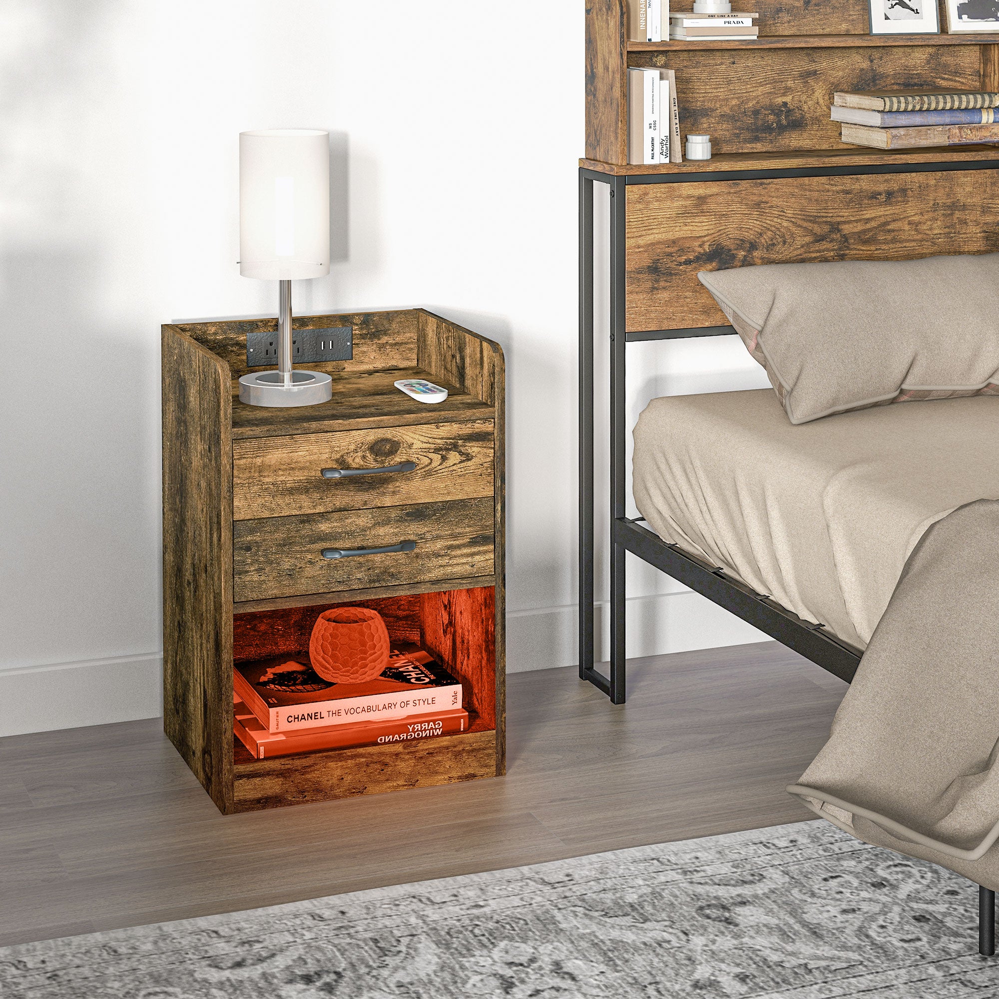 HOMCOM Nightstand with Charging Station and LED Lights, Bedside Table with 2 AC and USB Power Outlets, Side Table with Storage Shelf, 2 Drawers and Remote for Bedroom, Rustic Brown