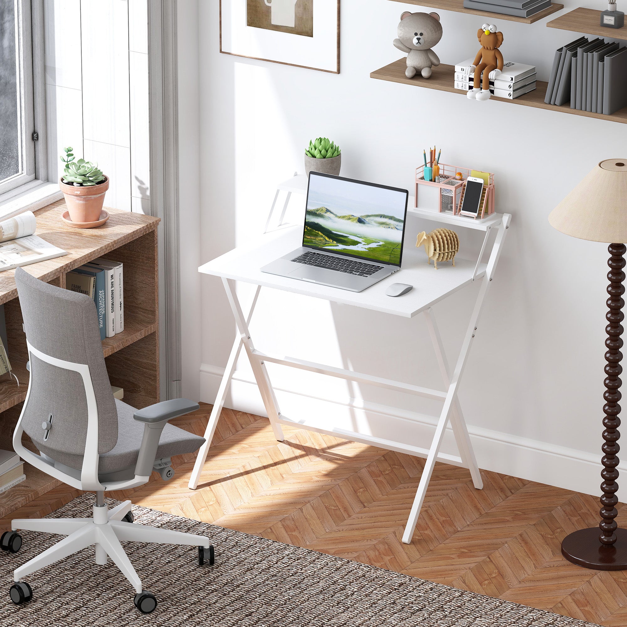 Folding Desk with Monitor Shelf, 81.5 cm Foldable Computer Desk for Small Spaces, Space Saving Writing Table Workstation for Home Office, Study, Easy Assembly, White