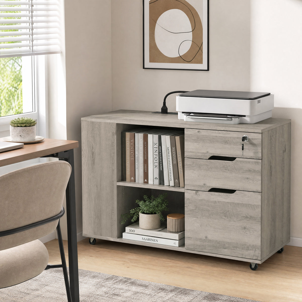 Lateral File Cabinet with Power Outlets, Drawers, Mobile Filing Cabinets, Cubbies, Shelves, Home Office Printer Stand, for A4, Letter Files, Home Office, Light Grey Brown