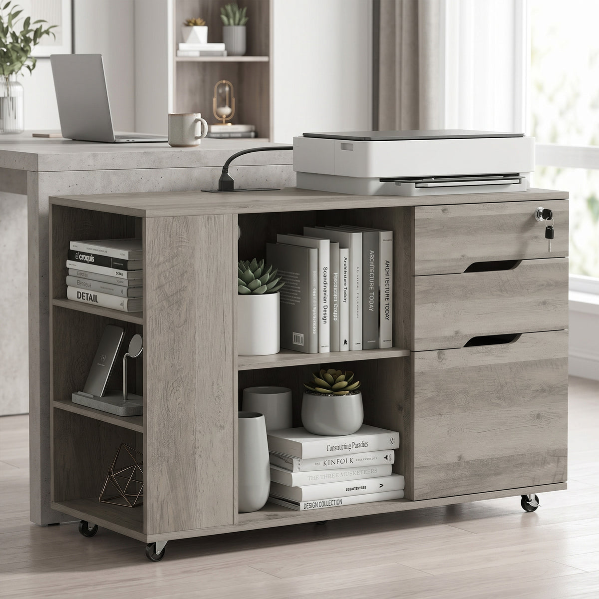 Lateral File Cabinet with Power Outlets, Drawers, Mobile Filing Cabinets, Cubbies, Shelves, Home Office Printer Stand, for A4, Letter Files, Home Office, Light Grey Brown