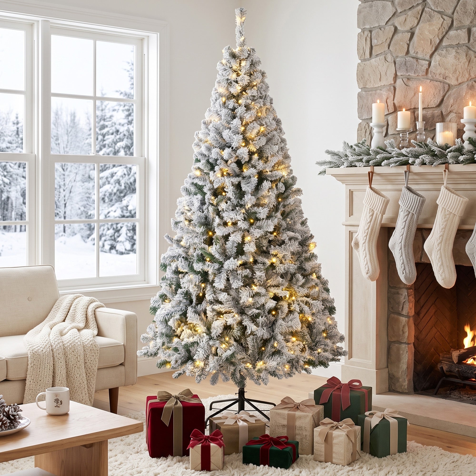6ft Flocked Prelit Christmas Tree, Fraser Fir, Hinged Xmas Tree with 790 Branch Tips, 220 Warm White LED Lights, Foldable Metal Base for Indoor Holiday Decor, Green White