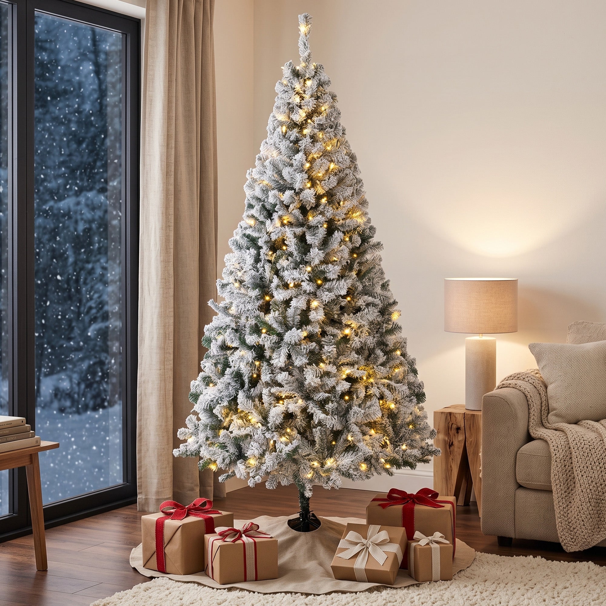 6ft Flocked Prelit Christmas Tree, Fraser Fir, Hinged Xmas Tree with 790 Branch Tips, 220 Warm White LED Lights, Foldable Metal Base for Indoor Holiday Decor, Green White