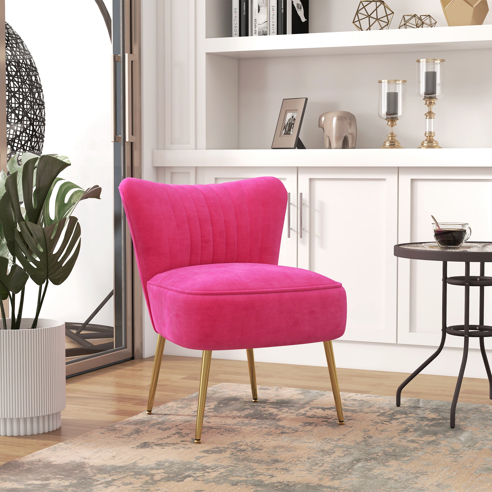 HOMCOM Modern Armless Accent Chair, Upholstered Slipper Chair for Bedroom, Velvet Wingback Living Room Chair with Gold Steel Legs and Tufted Back, Pink