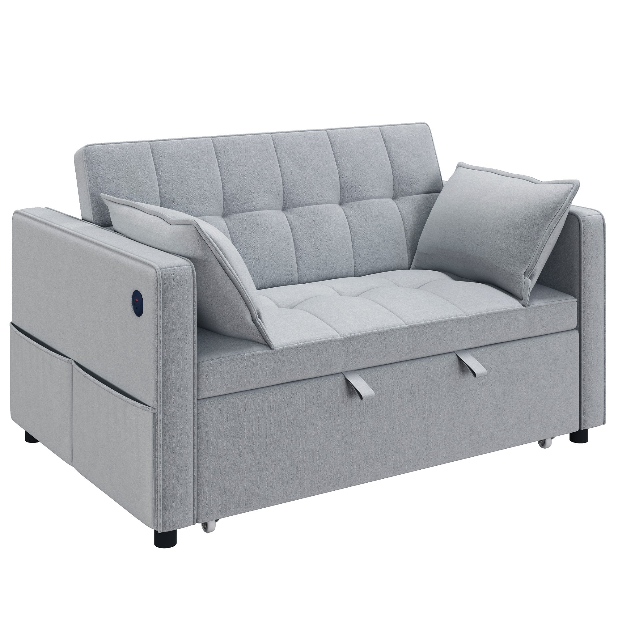 3‑in‑1 Convertible Sofa Bed, Pull Out Sleeper Sofa with USB Charging, Adjustable Backrest, Side Pockets, Sleeper Couch for Living Room, Small Space, Apartment, Light Grey