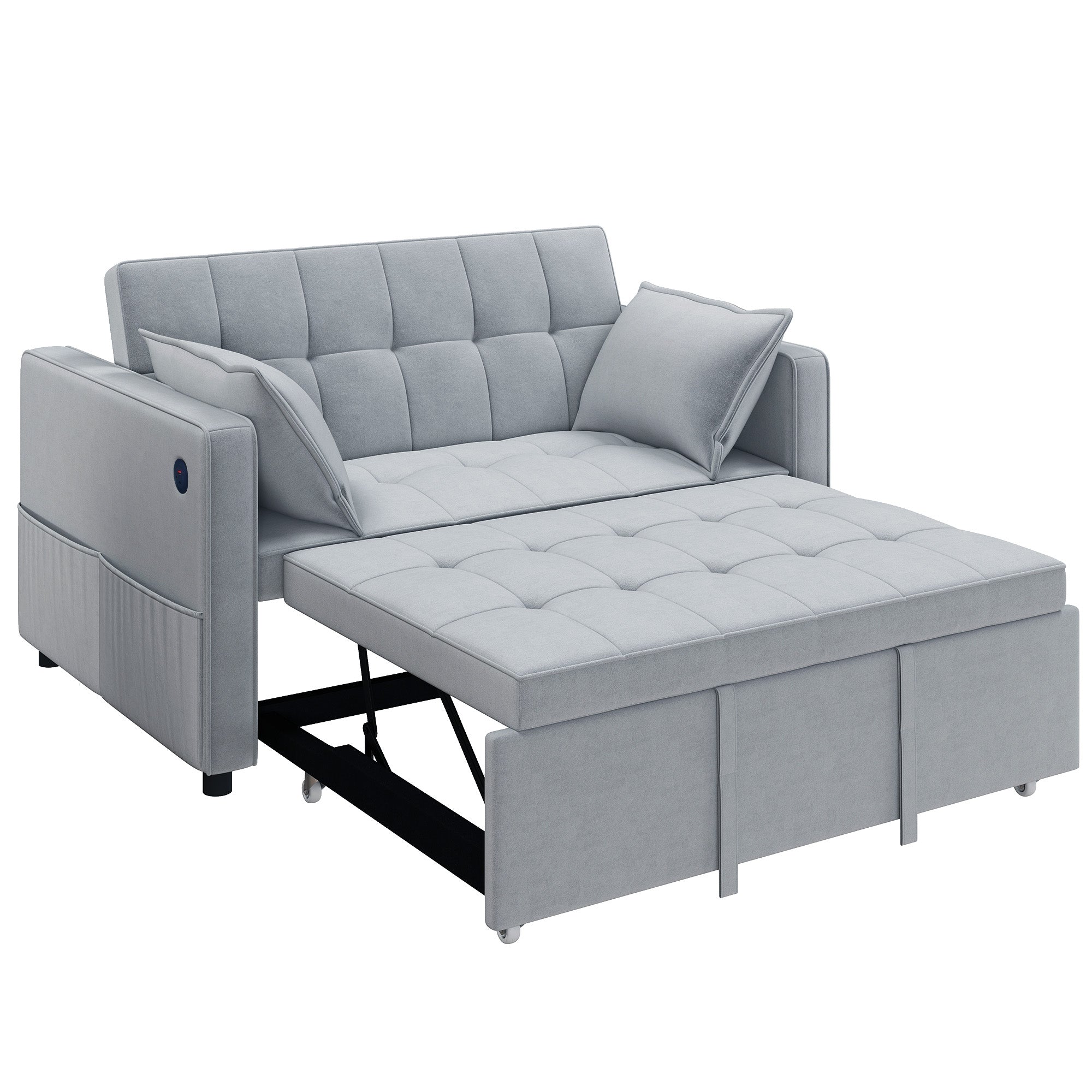 3‑in‑1 Convertible Sofa Bed, Pull Out Sleeper Sofa with USB Charging, Adjustable Backrest, Side Pockets, Sleeper Couch for Living Room, Small Space, Apartment, Light Grey