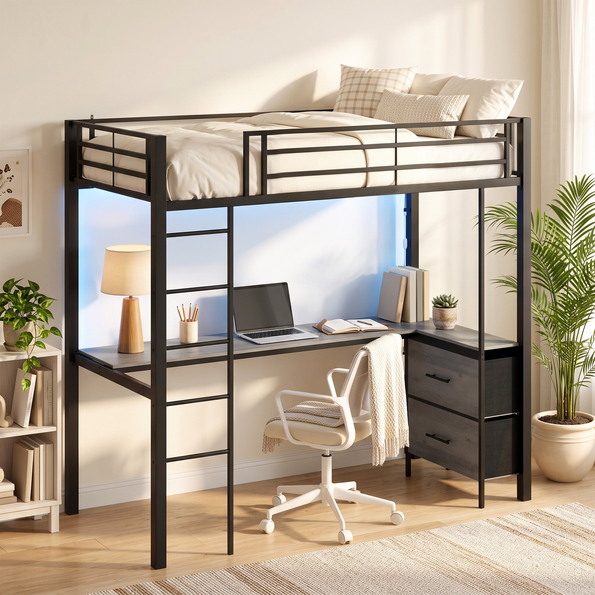 Metal Bunk Bed with Desk, High Sleeper Bed with LED Light and Safety Guardrail, Space-Saving Bedroom Dormitory Single Loft Frame for Teens Adults, No Box Spring Needed, Black