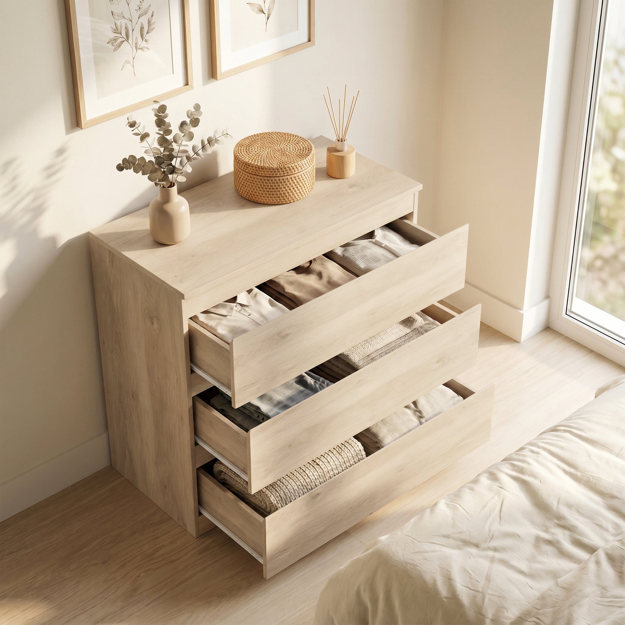 Chest of Drawers, 3-Drawer Storage Organiser Unit for Bedroom, Living Room, 80 x 39 x 73cm, Oak