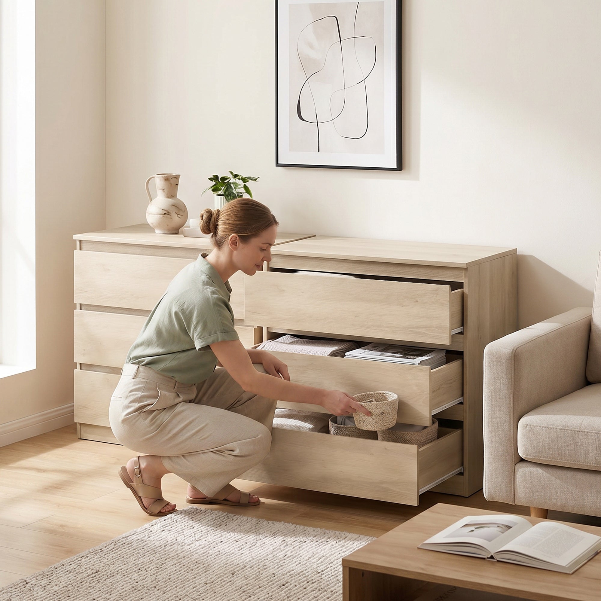 Chest of Drawers, 3-Drawer Storage Organiser Unit for Bedroom, Living Room, 80 x 39 x 73cm, Oak