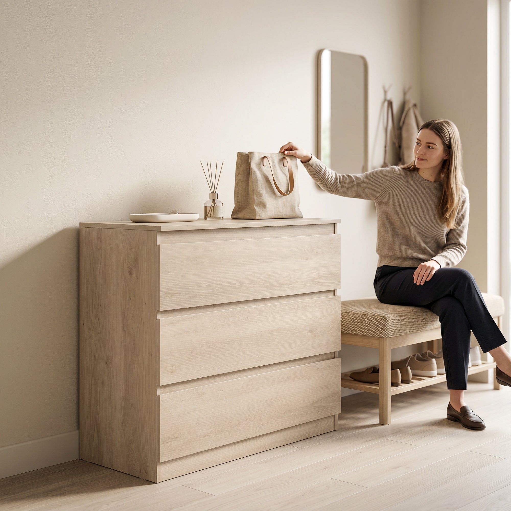 Chest of Drawers, 3-Drawer Storage Organiser Unit for Bedroom, Living Room, 80 x 39 x 73cm, Oak