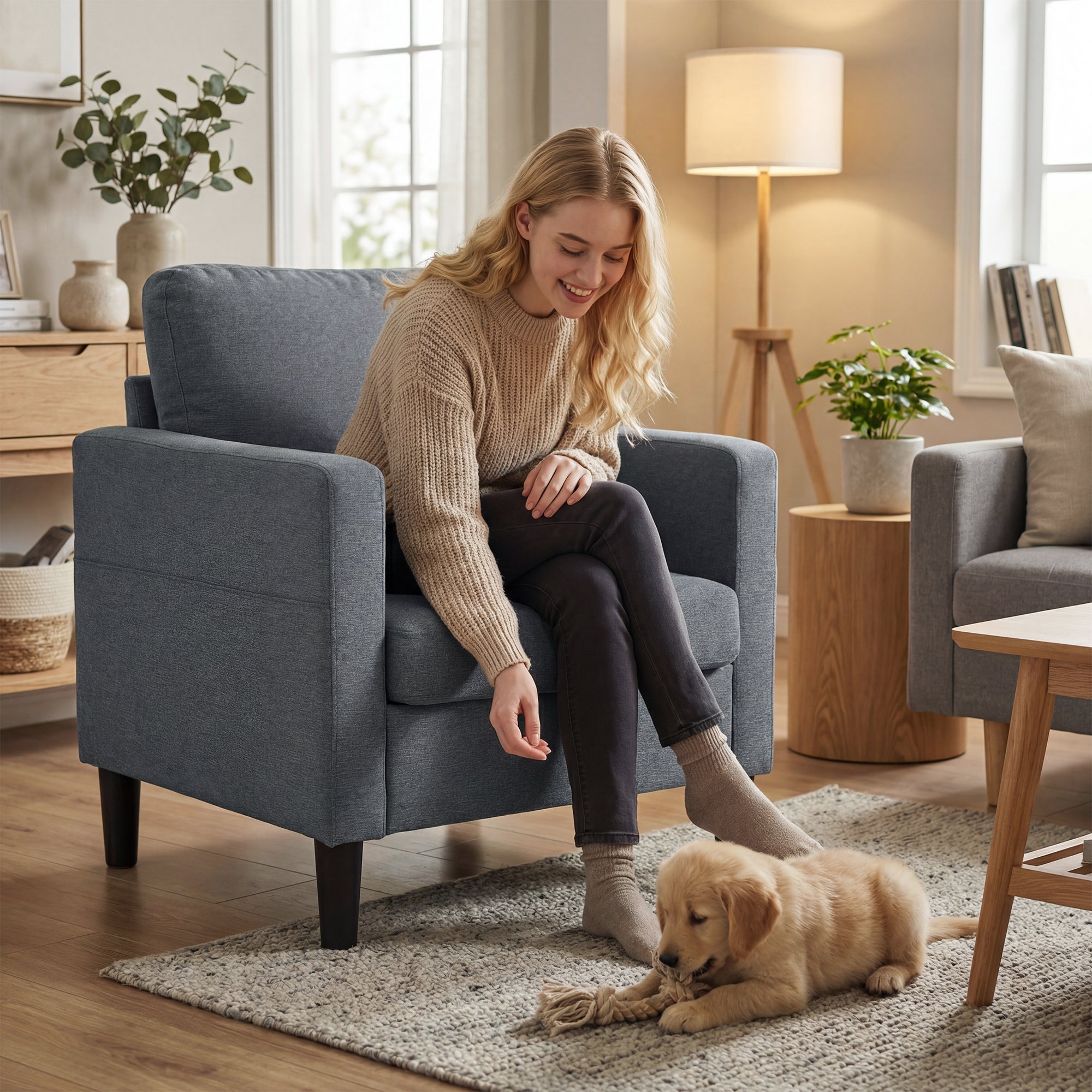 Linen-Feel Fabric Accent Chair, Modern Armchair, Living Room Chair with Armrests and Thick Padded Seat, Upholstered Single Sofa for Living Room, Bedroom, Study, Dark Grey