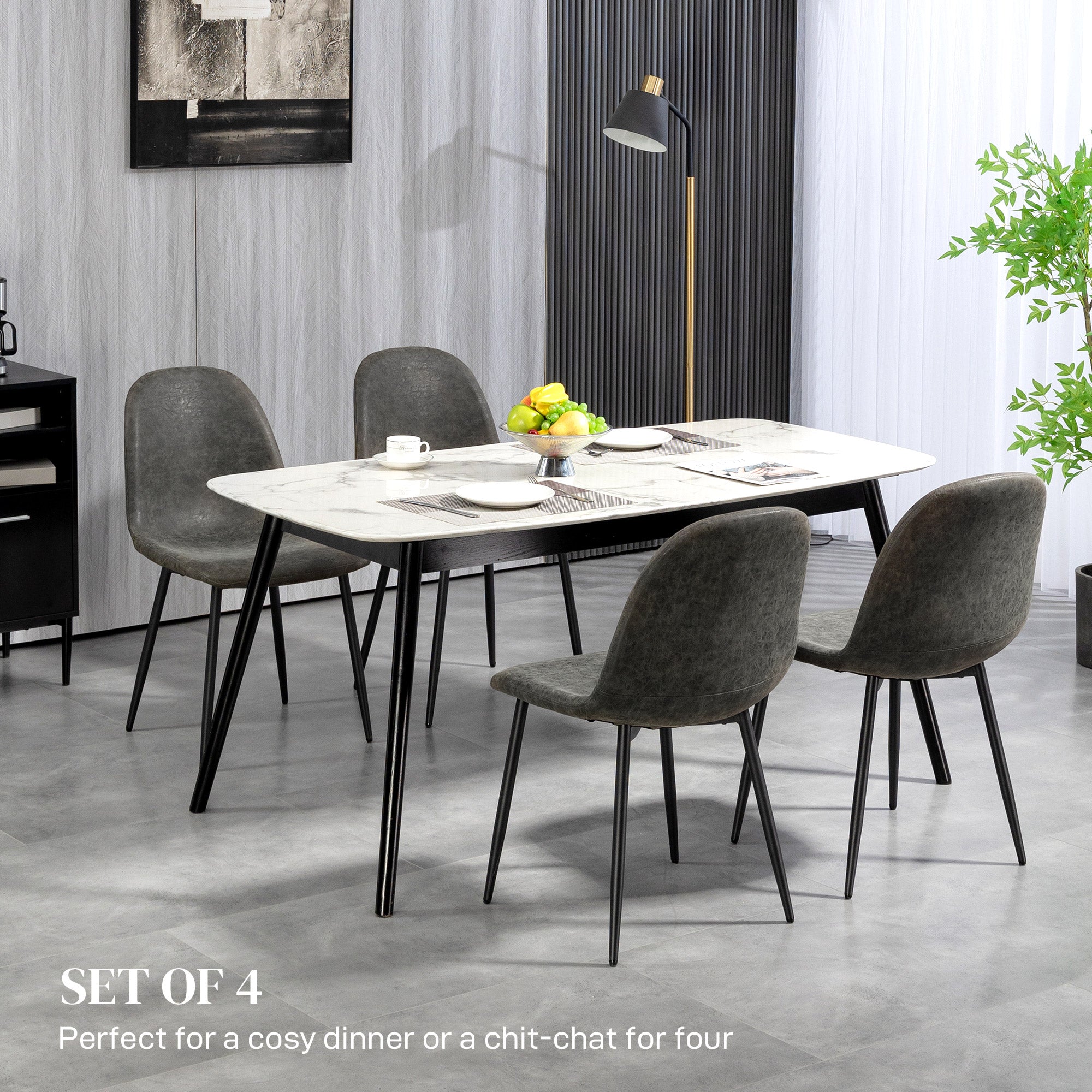 HOMCOM Dining Chairs Set of 4, Retro Kitchen Chairs with PU Leather Upholstery, Wide Seat and Steel Base for Living Room and Dining Room, Dark Grey