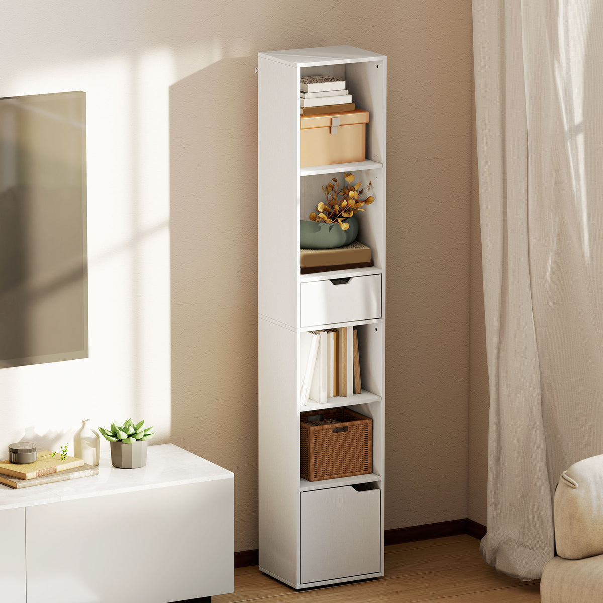 6-Tier Bookcase, Tall Narrow Bookshelf with Drawer, Door, Adjustable Shelf, Modern Display Standing Shelving Unit for Living Room, Home Office, Bedroom, 30 x 24 x 158 cm, White