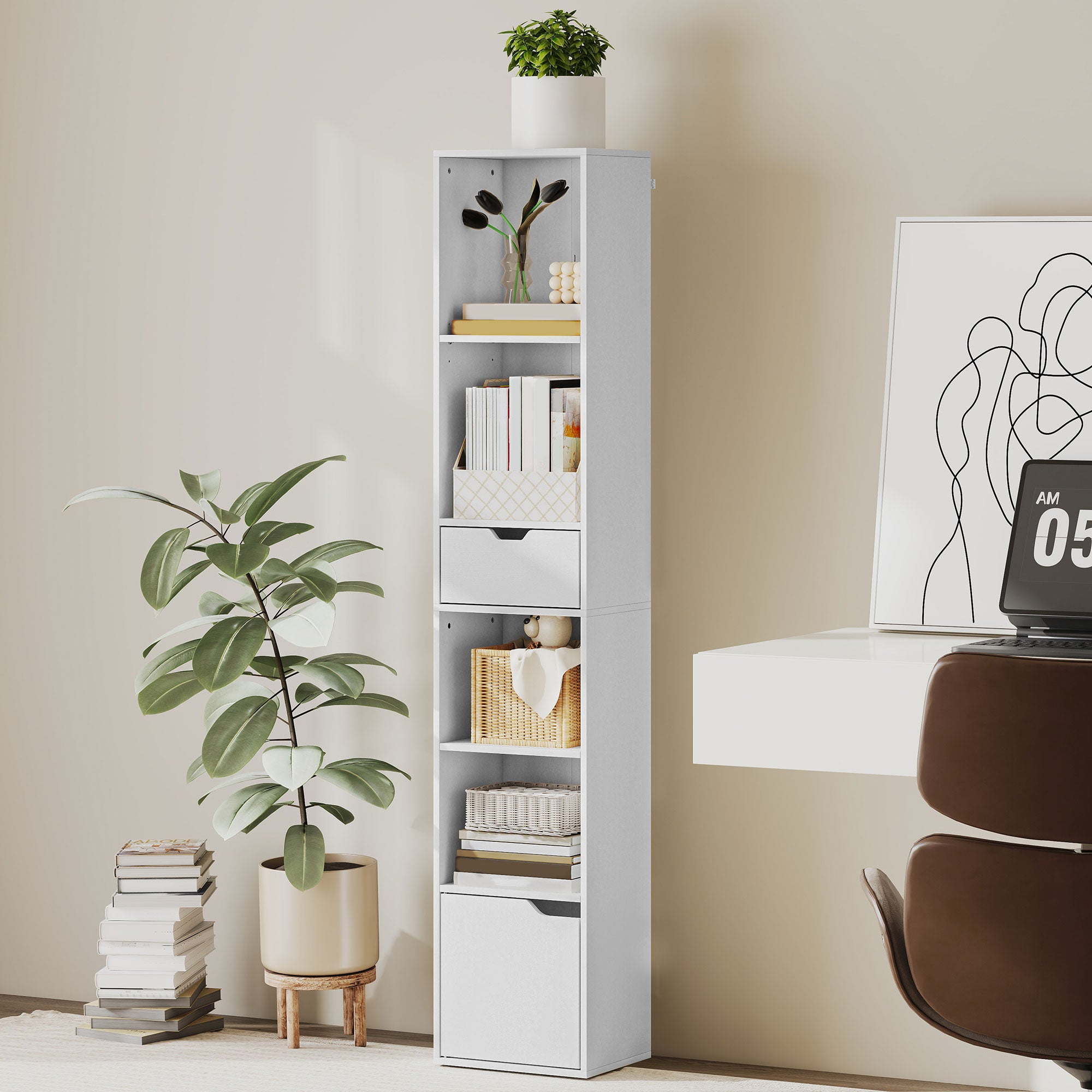 6-Tier Bookshelf, Tall Narrow Bookcase with Drawer, Door, Adjustable Shelf, Modern Display Standing Shelf Unit for Living Room, Home Office, Bedroom, White