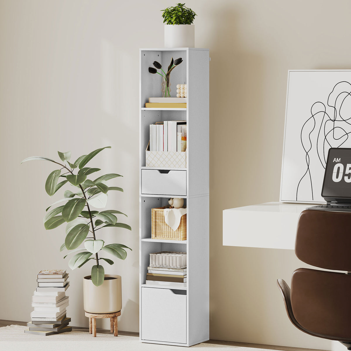 6-Tier Bookcase, Tall Narrow Bookshelf with Drawer, Door, Adjustable Shelf, Modern Display Standing Shelving Unit for Living Room, Home Office, Bedroom, 30 x 24 x 158 cm, White