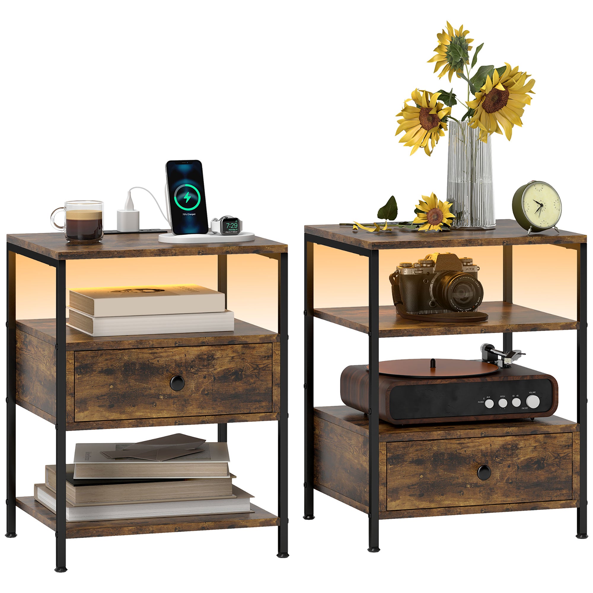 Set of 2 End Tables with Charging Station Lights for Living Room