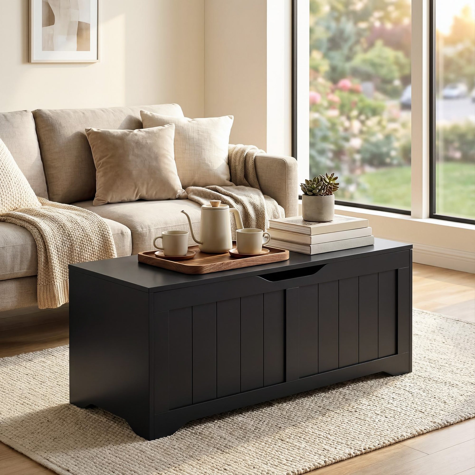 Storage Chest, Modern Storage Trunk with 2 Safety Hinges and Handle-Free Design, Storage Bench for Living Room, Shoe Bench for Entryway, 39.4" x 15.7" x 17.7", Black