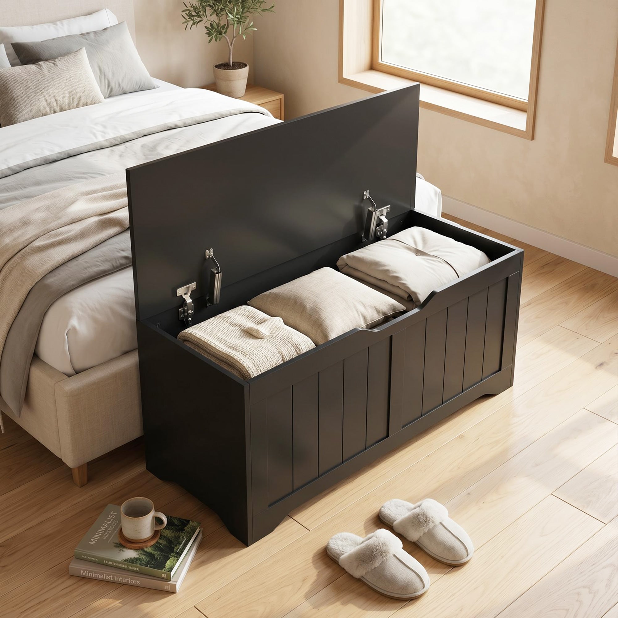 Storage Chest, Modern Storage Trunk with 2 Safety Hinges and Handle-Free Design, Storage Bench for Living Room, Shoe Bench for Entryway, 39.4" x 15.7" x 17.7", Black