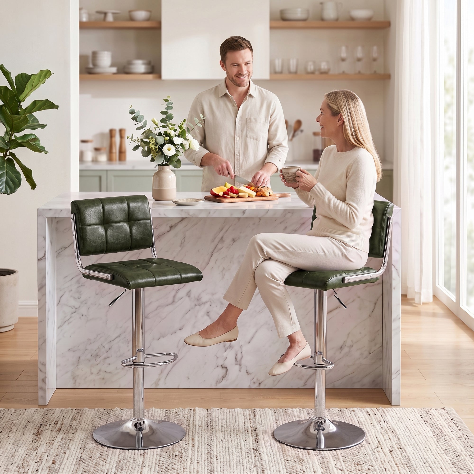 Breakfast Bar Stools Set of 2, Modern PU Leather Swivel BarStools, Adjustable Counter Height Bar Chairs with Backrest and Footrest for Kitchen Island, Dining Room, Bar, Green
