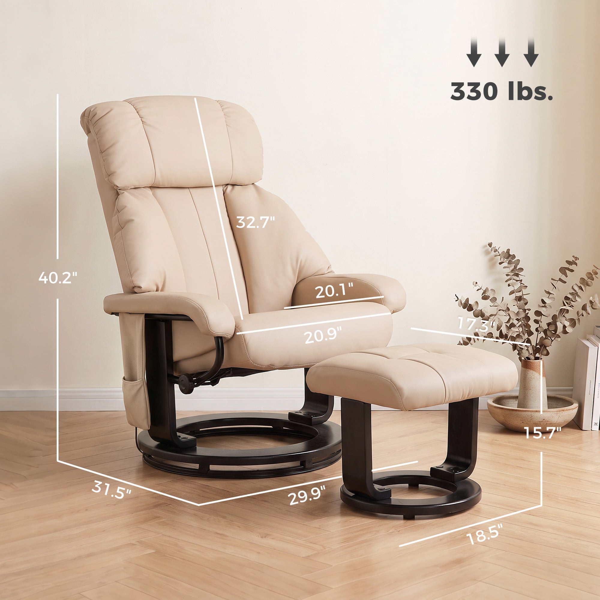 Massage Recliner Chair with Ottoman, 360° Swivel Recliner and Footstool, 10-Point Vibration, PU Leather Reclining Chair with Remote Control, Beige