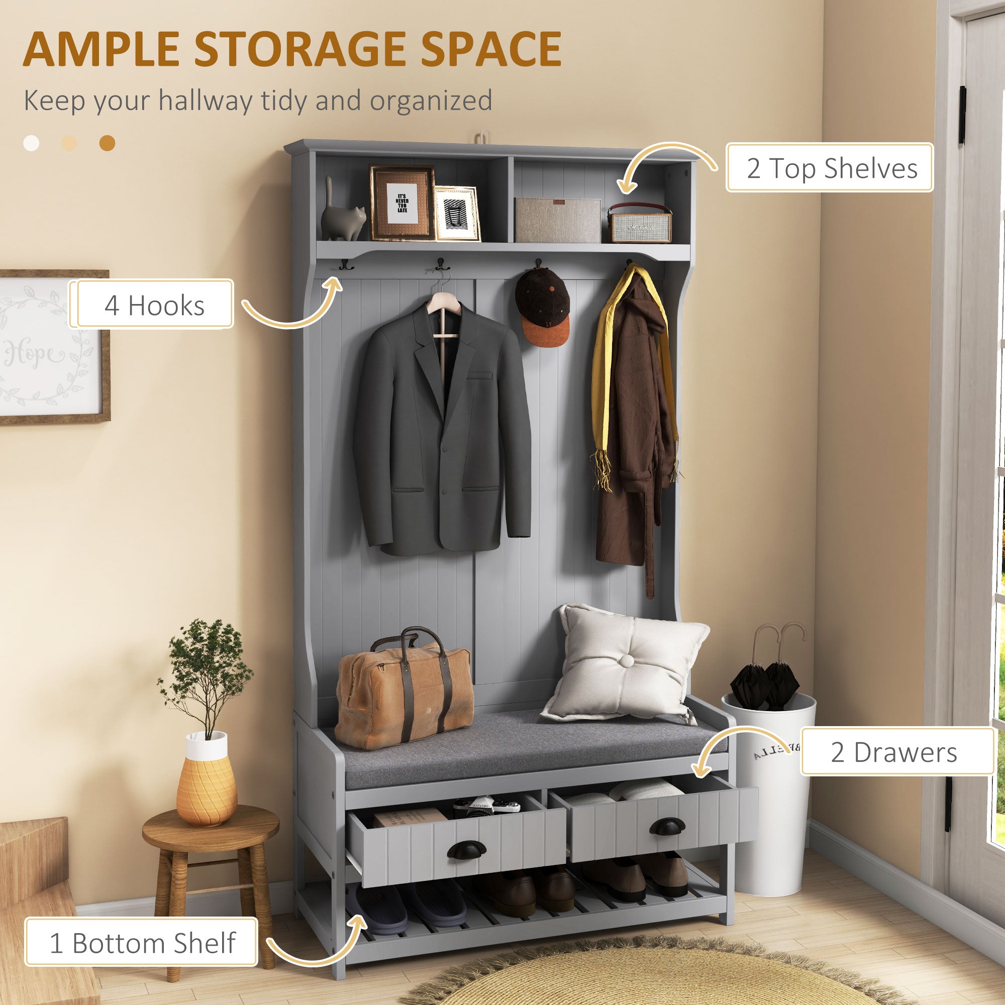 HOMCOM Coat Rack Shoe Bench, Hall Tree with Bench and Shoe Storage, Entryway Bench with 4 Hooks, 2 Drawers, 2 Storage Shelves, Shoe Rack and Padded Seat Cushion, Grey