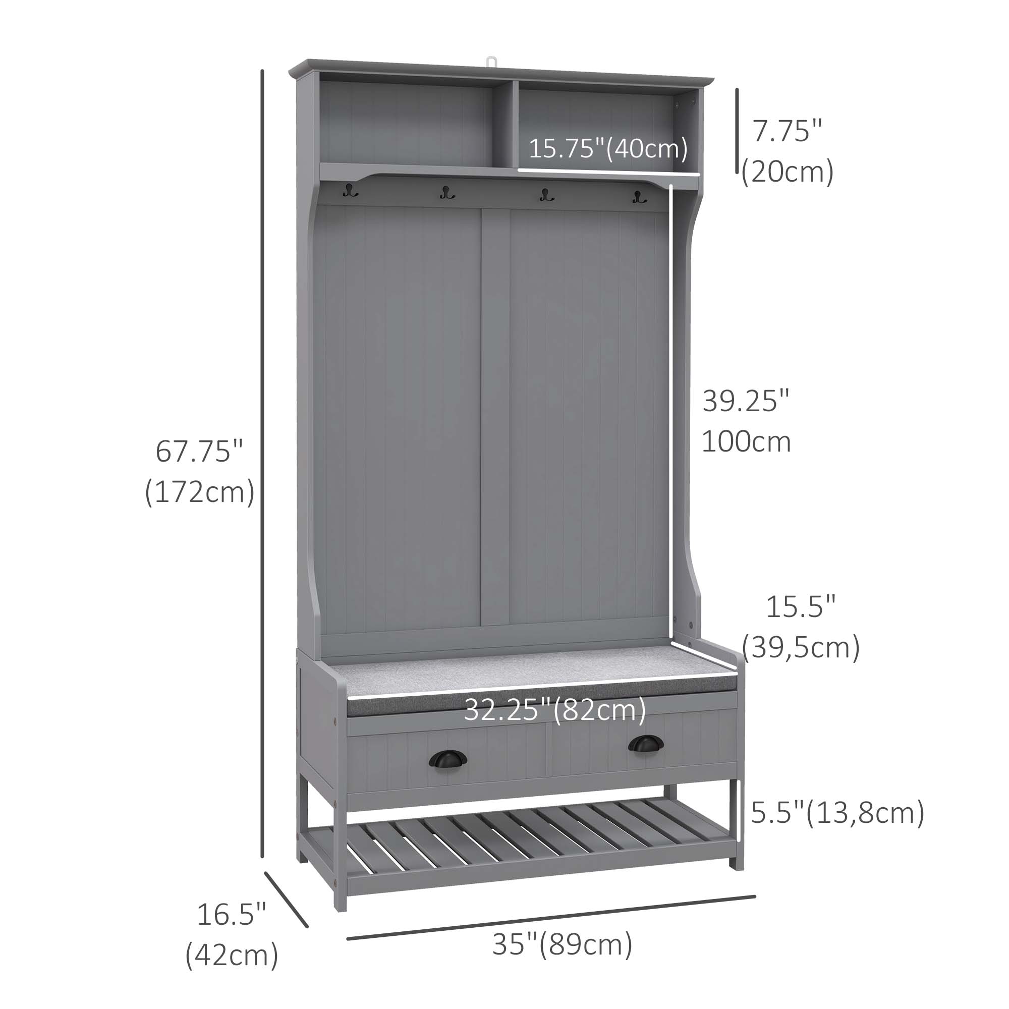 HOMCOM Coat Rack Shoe Bench, Hall Tree with Bench and Shoe Storage, Entryway Bench with 4 Hooks, 2 Drawers, 2 Storage Shelves, Shoe Rack and Padded Seat Cushion, Grey