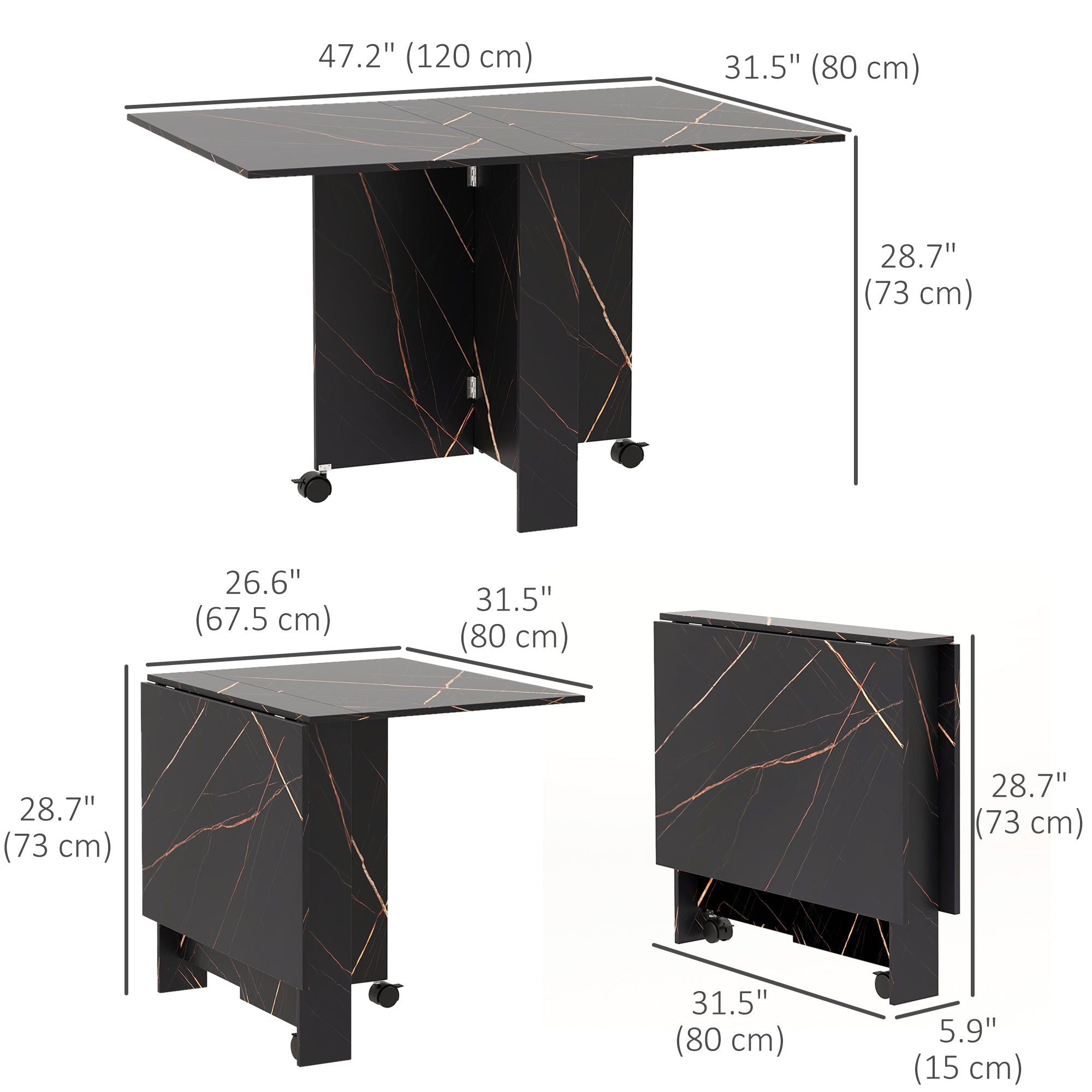 HOMCOM Foldable Dining Table, Drop Leaf Folding Side Table Console Writing Desk with 2 Wheels for Kitchen, Dining Room, Faux Marbled Black