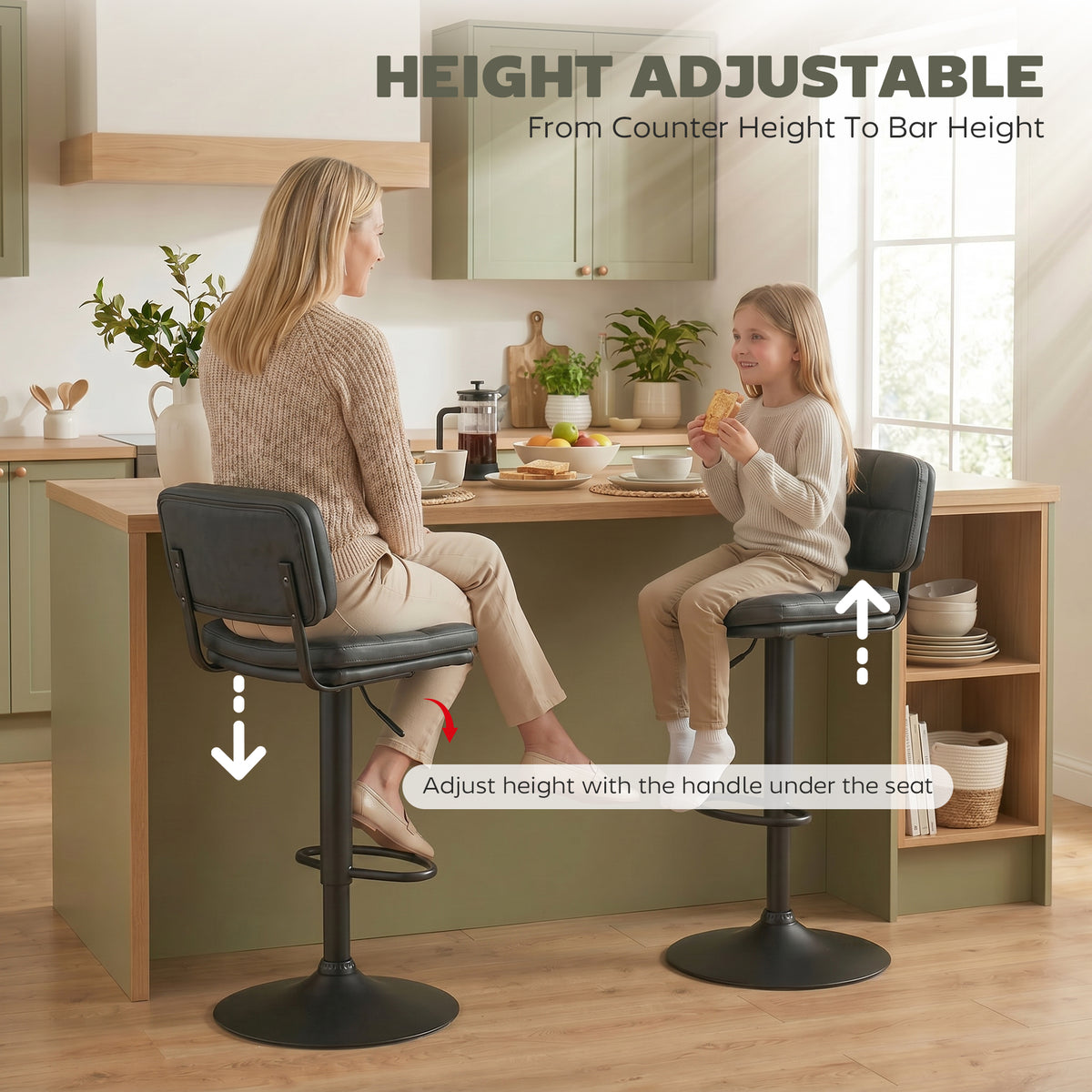 Bar Stools Set of 2, Swivel Counter Height Barstools with Adjustable Height, Back and Footrest, PU Leather Upholstered Bar Chairs for Home Kitchen Island, Black