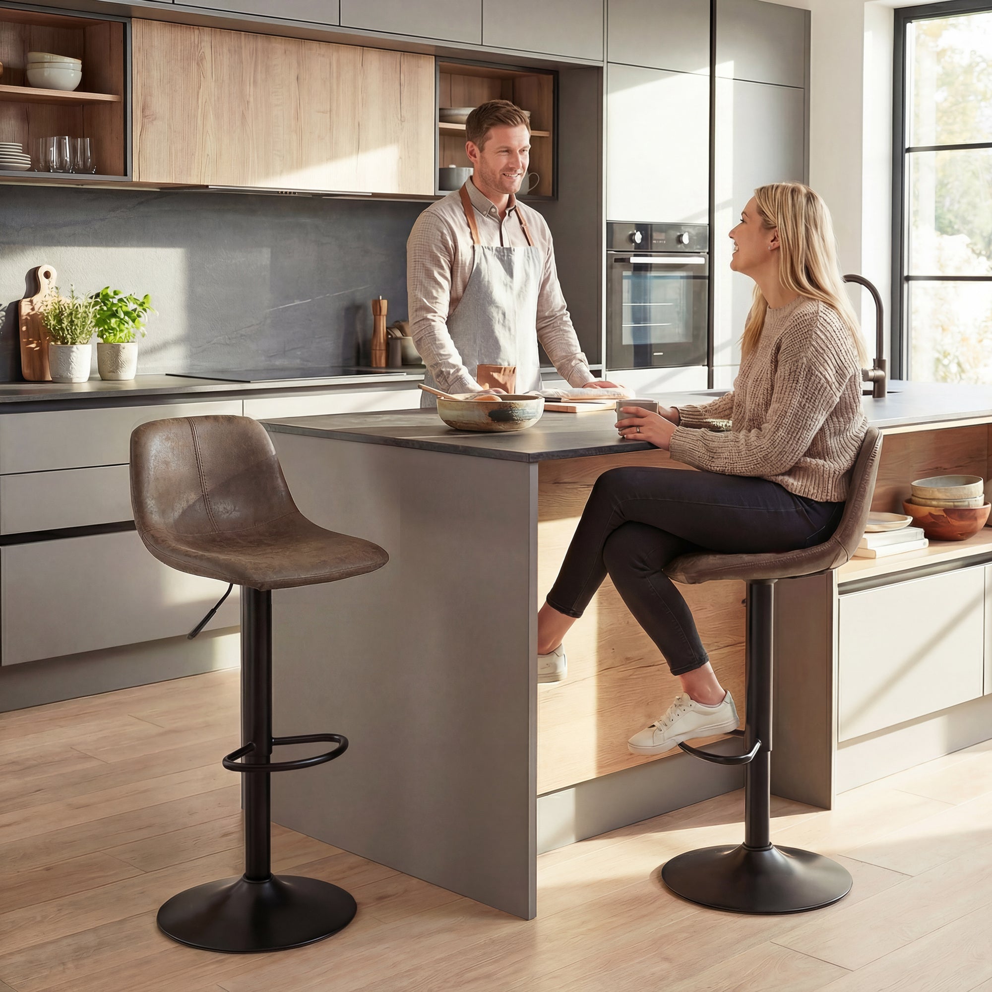 Bar Stools Set of 2, Modern Swivel Barstools, Height Adjustable Breakfast Bar Chairs with Footrest for Kitchen Island and Dining Room, Brown