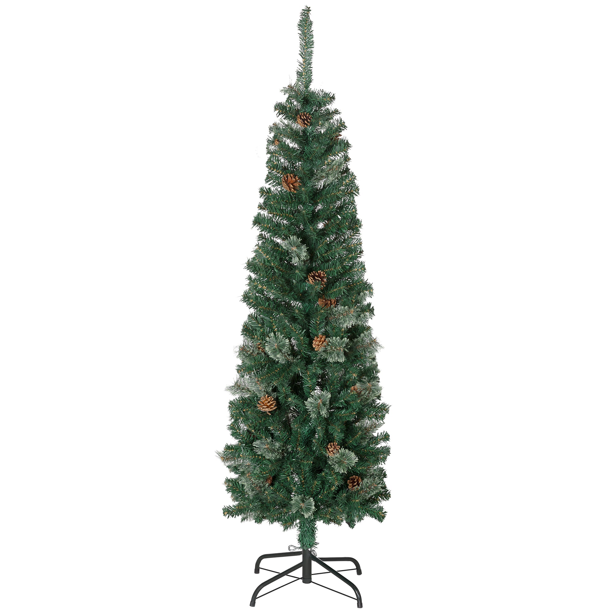 HOMCOM 5ft Pencil Artificial Christmas Tree, Xmas Tree with Thin Pine Needles and Realistic Branches, Pine Cones, Metal Base, Green