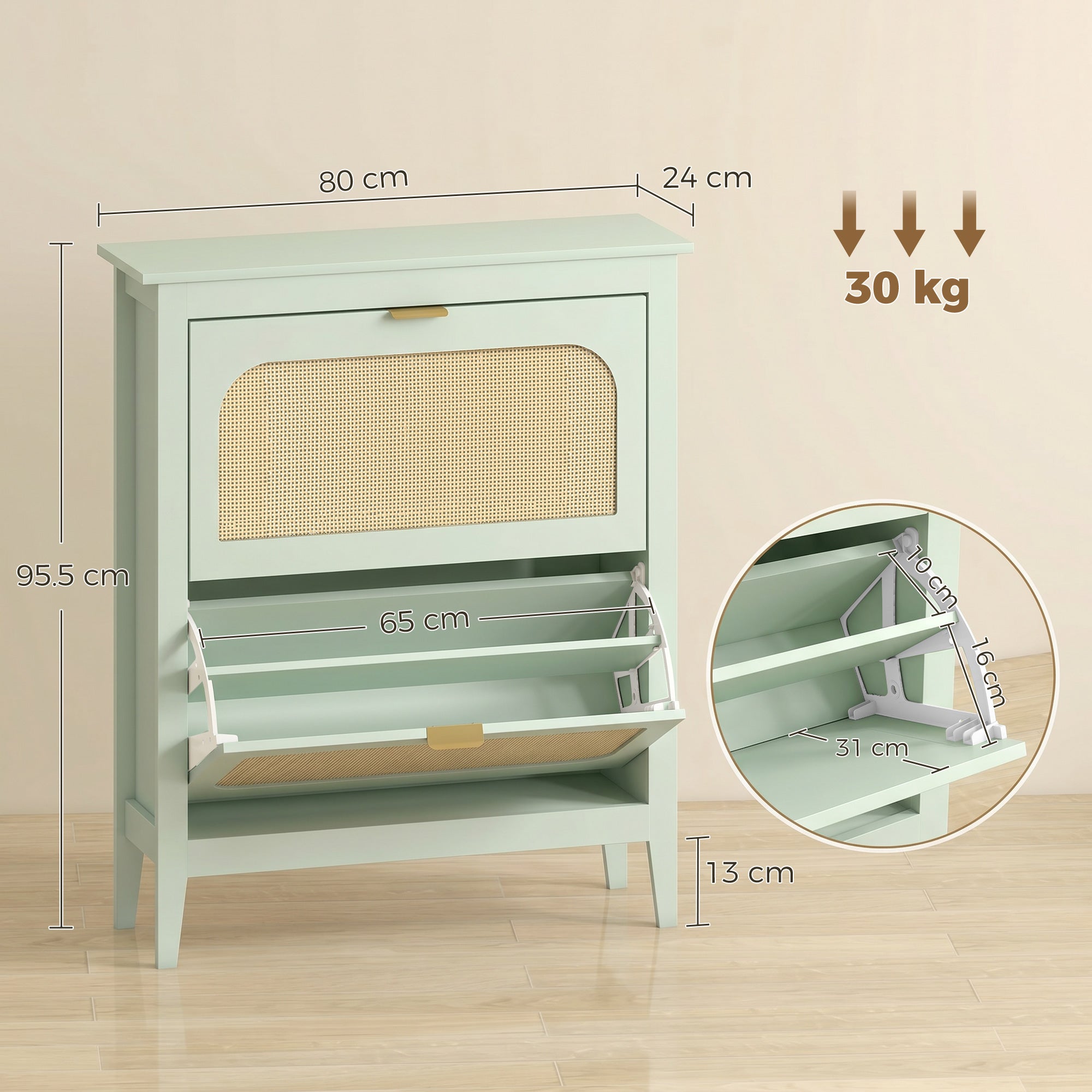 Shoe Storage Cabinet with 2 Flip Drawers, Boho Slim Shoe Cabinet with Rattan Doors for Entryway, Hallway, Holds 14 Pairs, Light Green