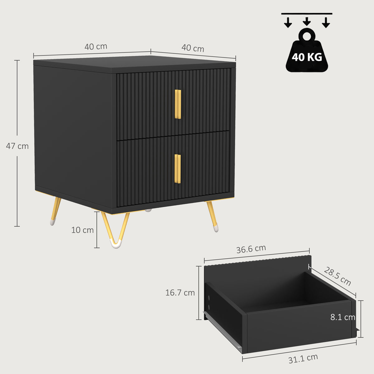 Bedside Table, Small Fluted Bedside Cabinet with 2 Drawers, Modern Nightstand, End Sofa Side Table with Hairpin Legs for Bedroom, Living Room, Black
