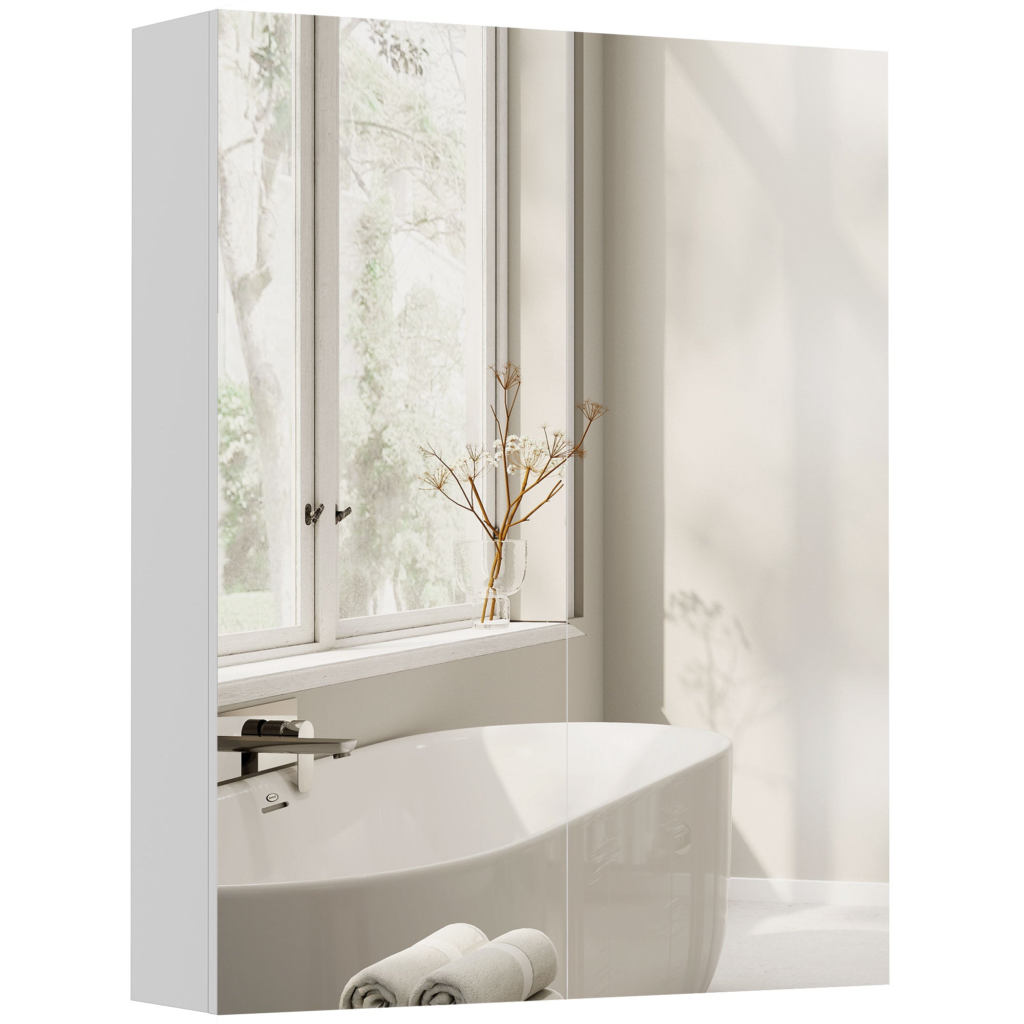 Bathroom Mirror Cabinet, 3-Tier Wall Mount Bathroom Storage Cabinet with Soft-Close Hinges and Adjustable Shelf, Double Door Cupboard, 60W x 15D x 75H cm, White