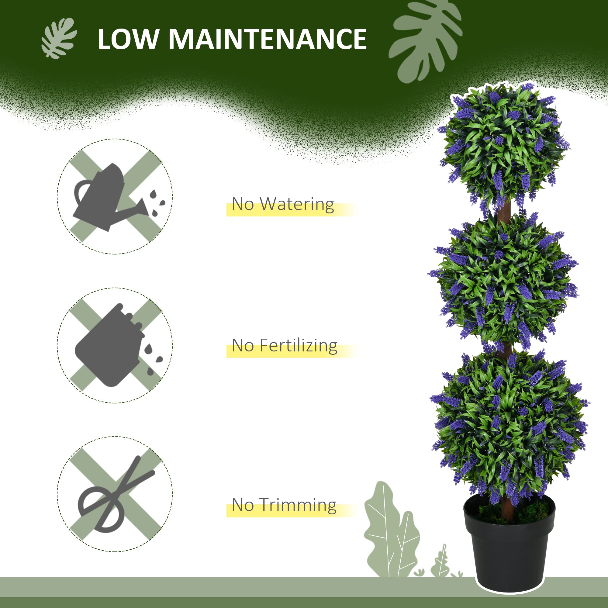 HOMCOM Set of 2 Decorative Artificial Plants Ball Trees with Lavender Flowers in Pot Fake Plants for Home Indoor Outdoor Decor, 110cm
