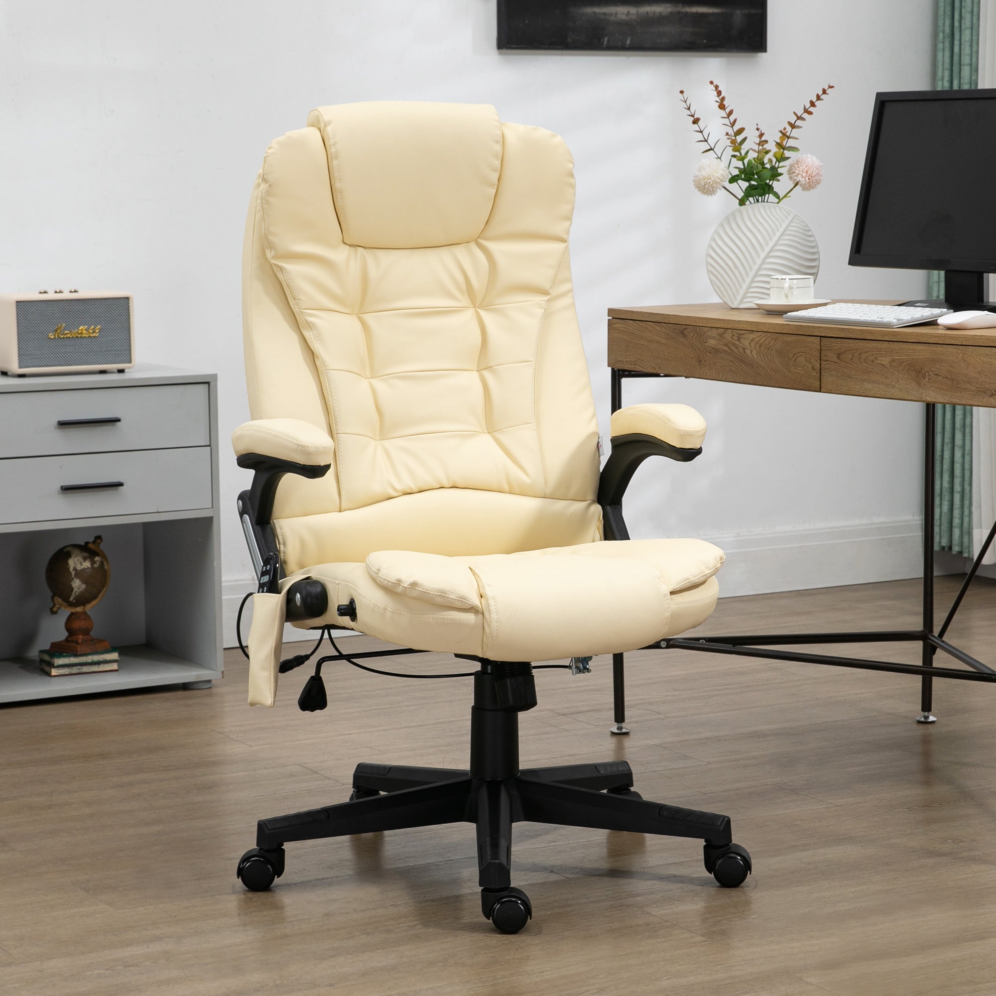 HOMCOM Office Chair Adjustable Heated Ergonomic Massage Swivel Vibrating High Back Leather Executive Chair Office Furniture (Beige)