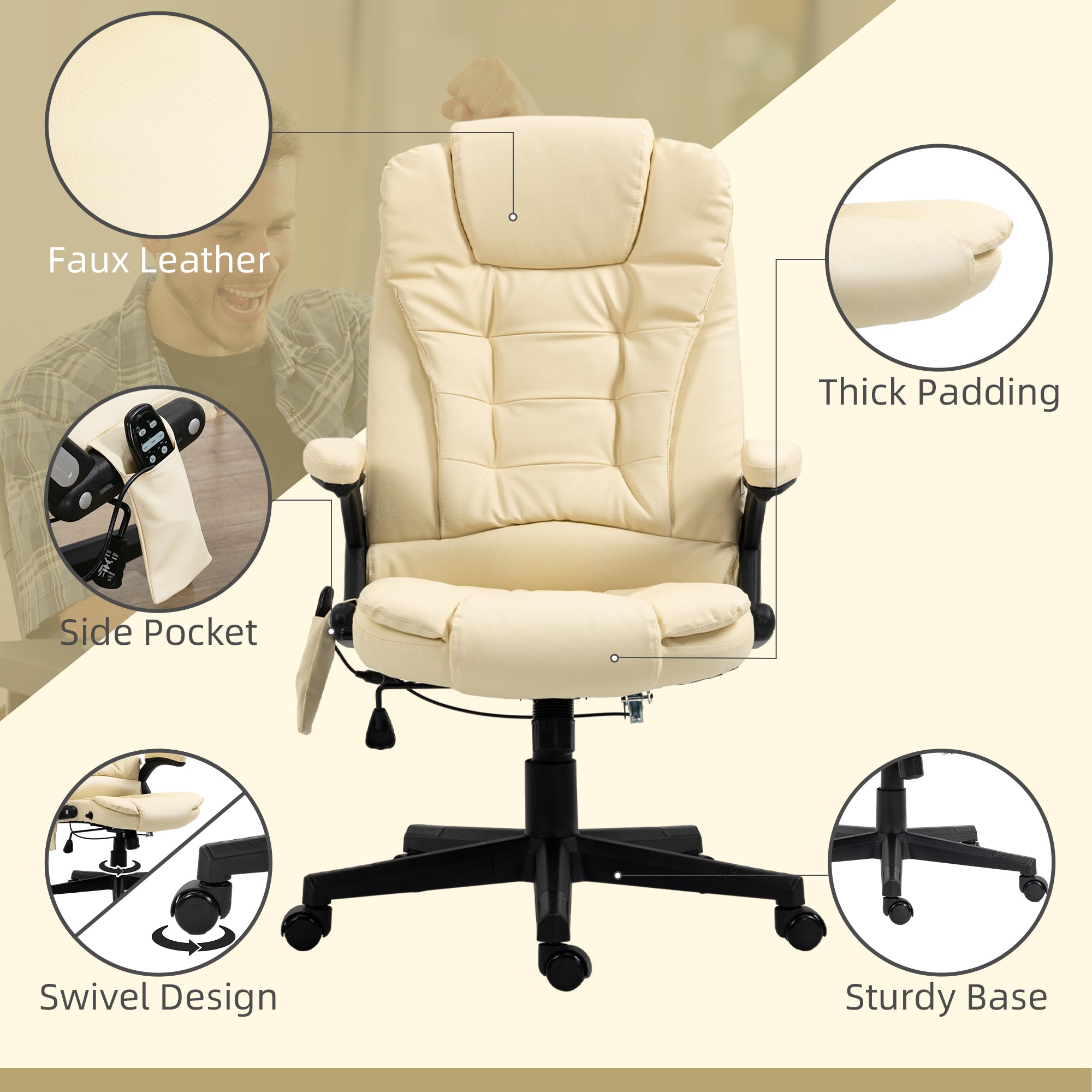 HOMCOM Office Chair Adjustable Heated Ergonomic Massage Swivel Vibrating High Back Leather Executive Chair Office Furniture (Beige)