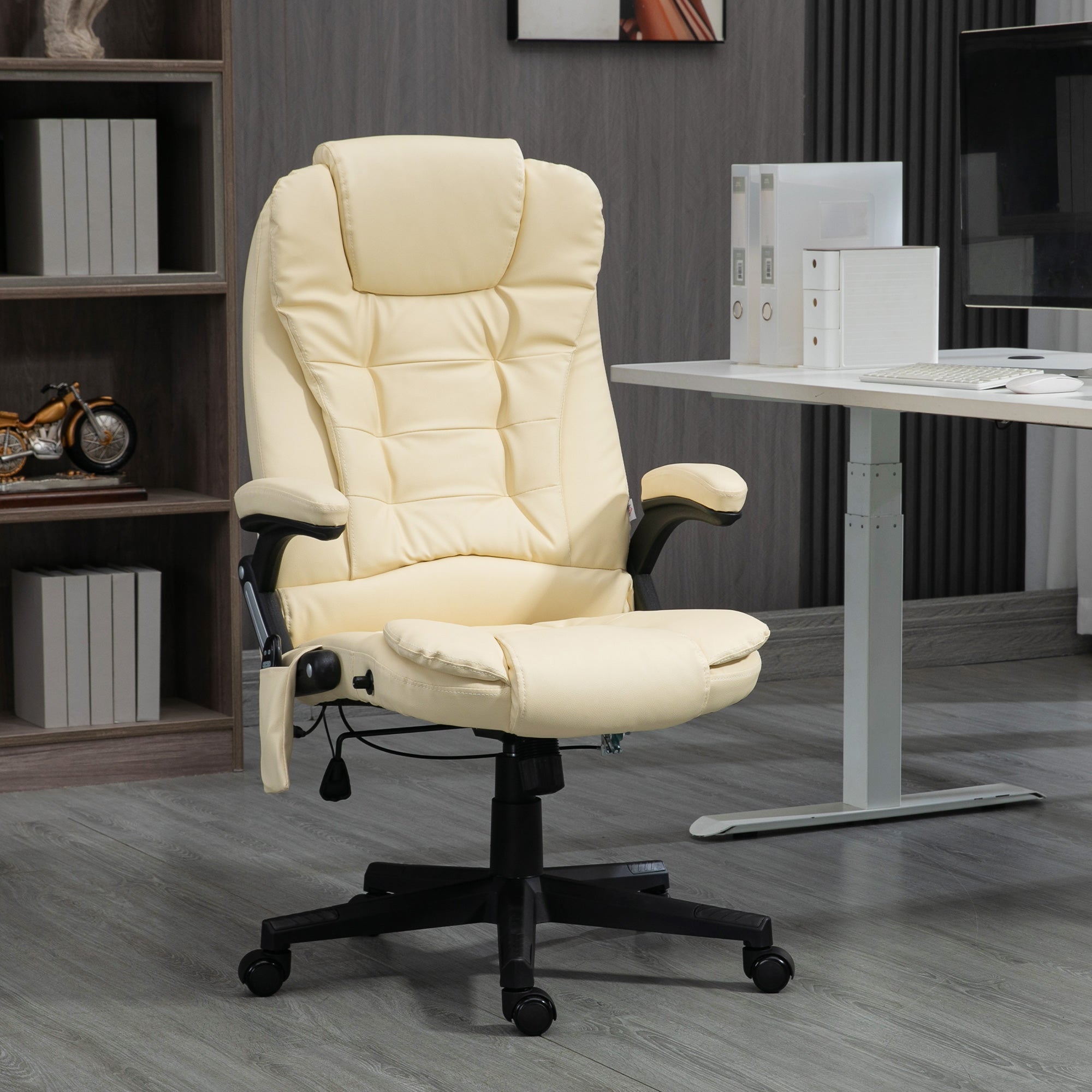 HOMCOM Office Chair Adjustable Heated Ergonomic Massage Swivel Vibrating High Back Leather Executive Chair Office Furniture (Beige)