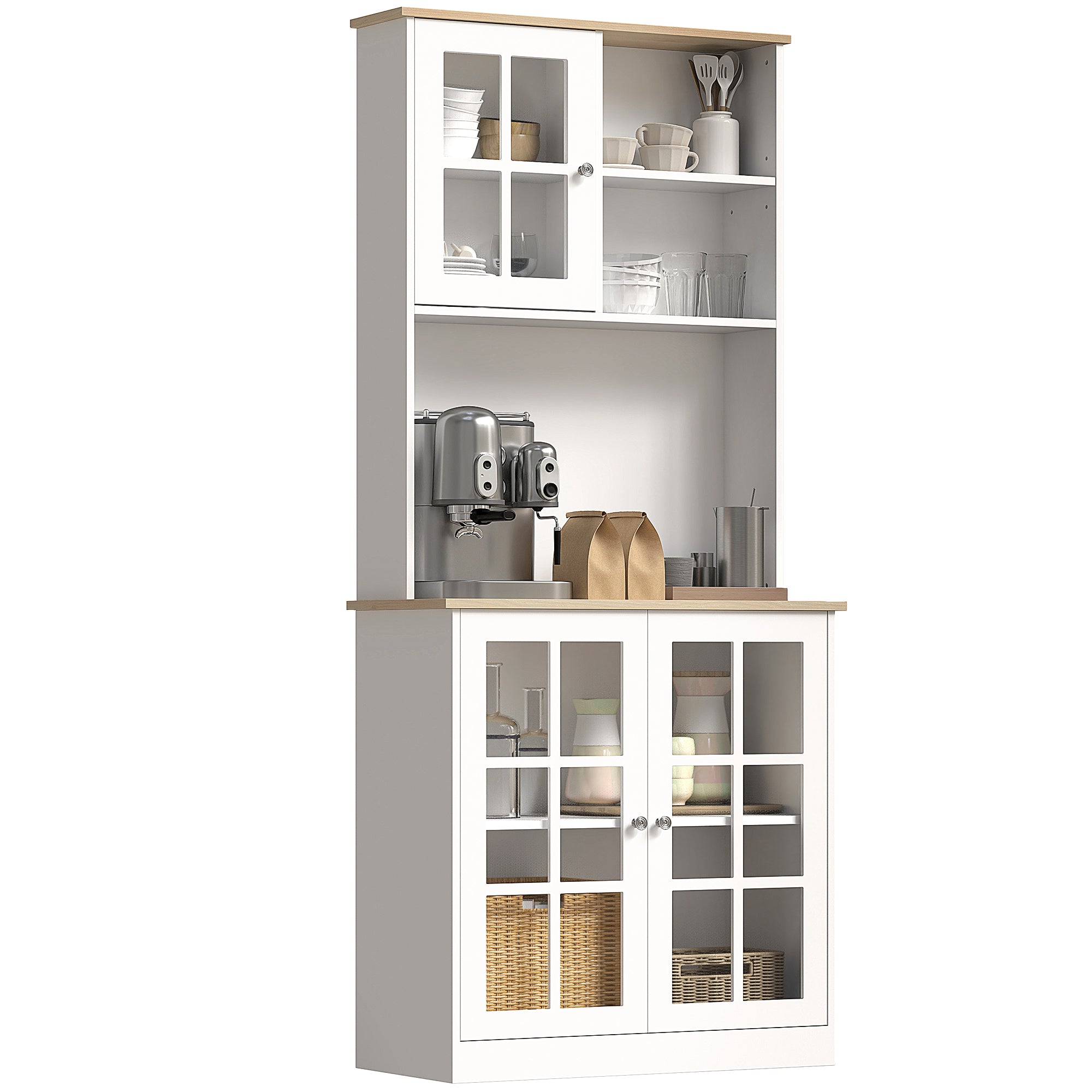 Freestanding Kitchen Cupboard, Storage Cabinet with Doors and Adjustable Shelves, Counter Top, Grid Glass Doors, 80L x 37W x 183H cm - White