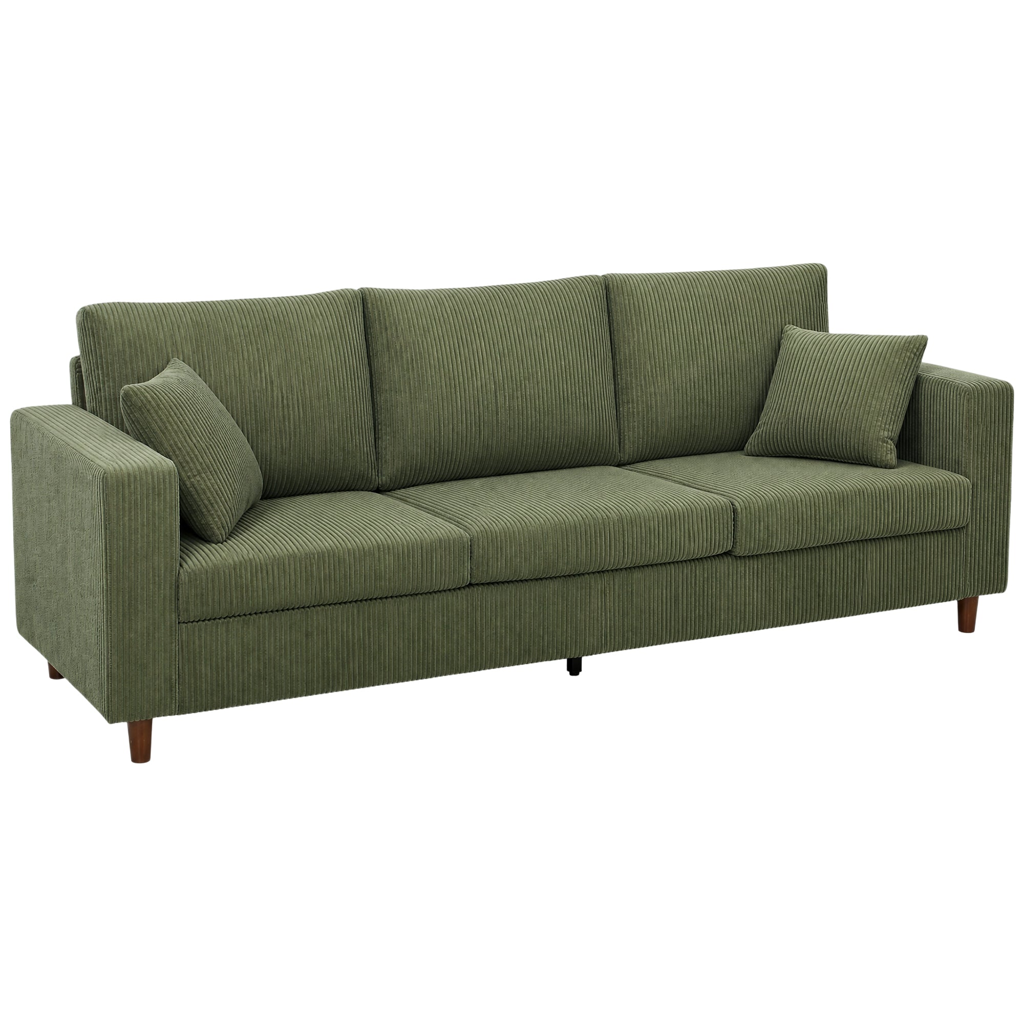 3 Seater Sofa, 225 cm Comfy Corduroy Couch with Wide Deep Seat, Wide Armrests, Spring Cushion, Thick Padded, Solid Wood Legs, Fabric Sofa for Living Room, Green