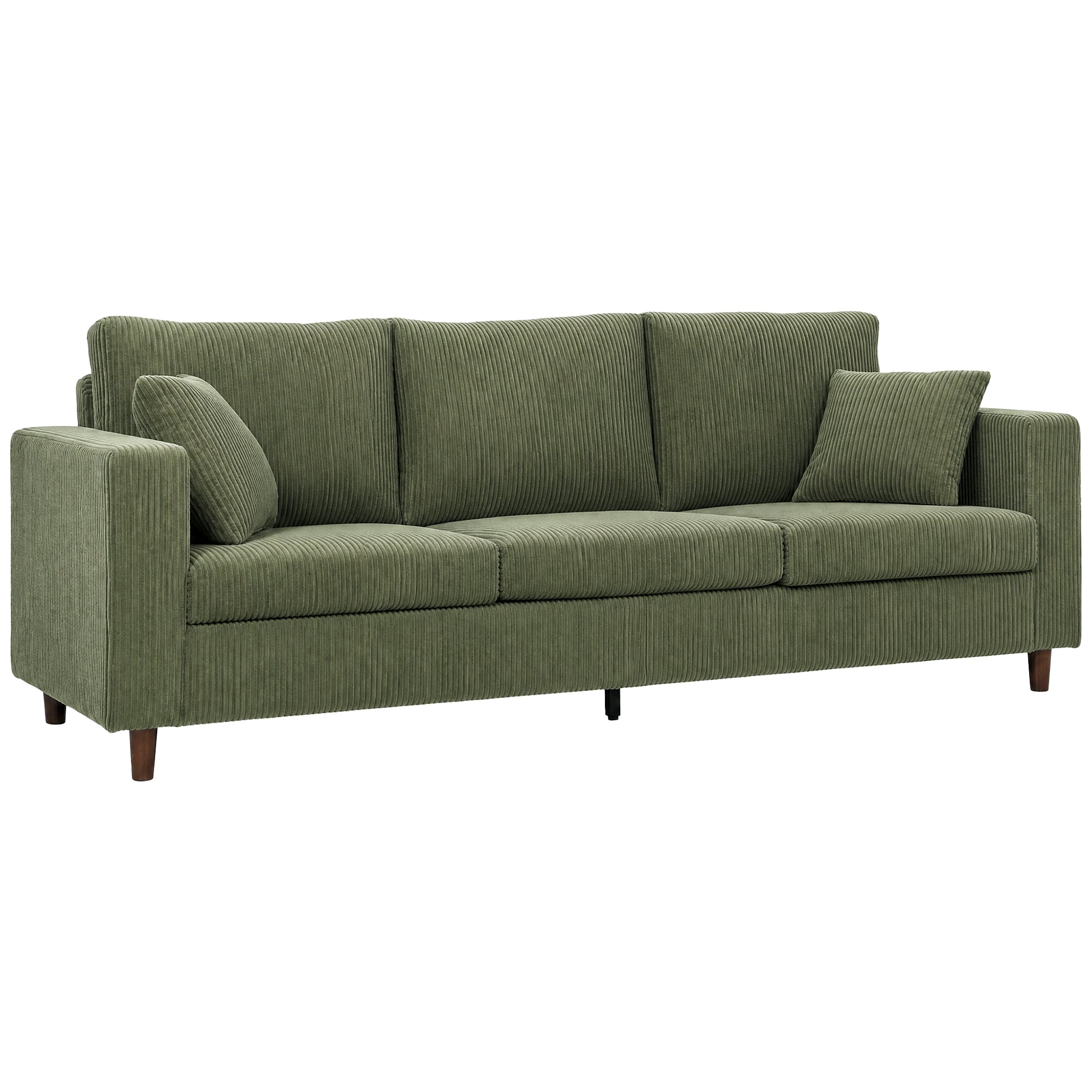 3 Seater Sofa, 225 cm Comfy Corduroy Couch with Wide Deep Seat, Wide Armrests, Spring Cushion, Thick Padded, Solid Wood Legs, Fabric Sofa for Living Room, Green