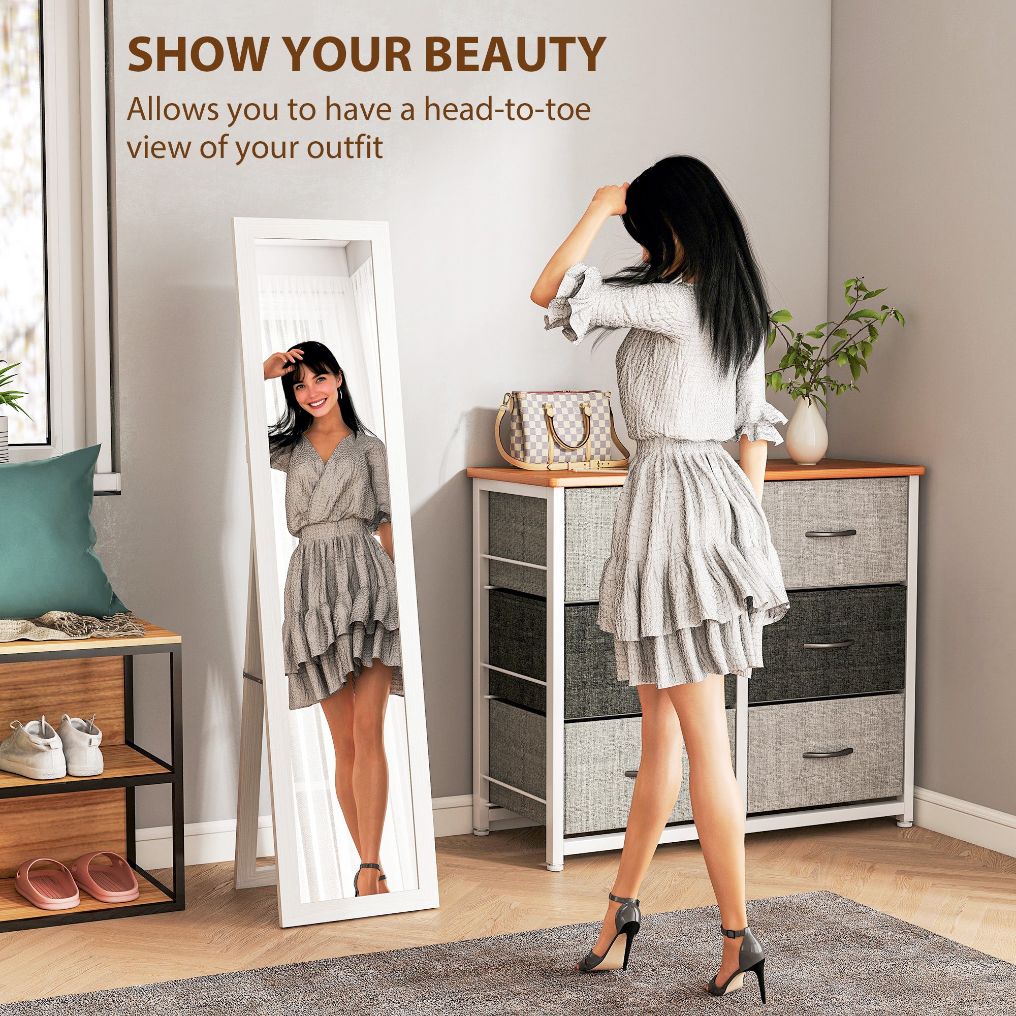 61" x 15" Full Length Mirror with Frame, Rectangular Full Body Mirror for Bedroom, Living Room, Standing Hanging or Leaning Against Wall, White