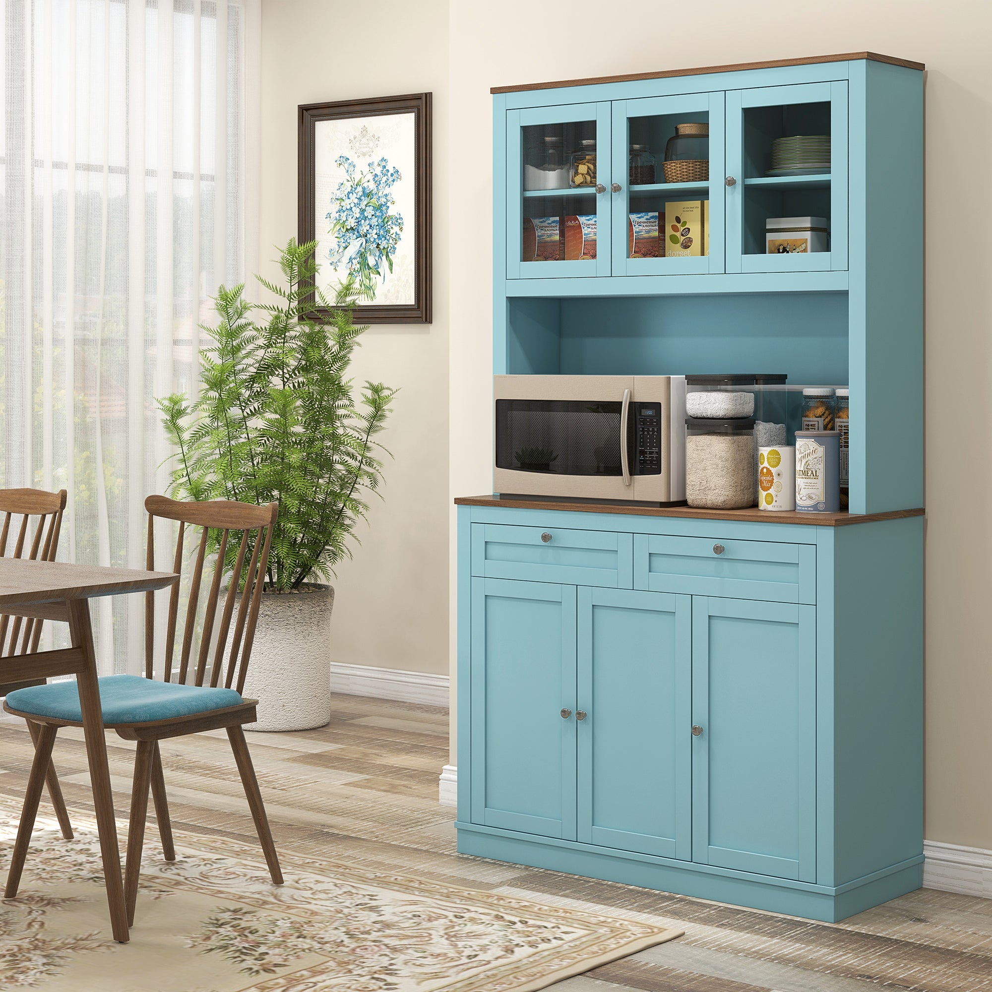 HOMCOM 71" Tall Kitchen Pantry Storage Cabinet with Microwave Space, Freestanding Buffet with Hutch, 2 Drawers, 4 Cabinets, Adjustable Shelves, Glass Doors, Blue