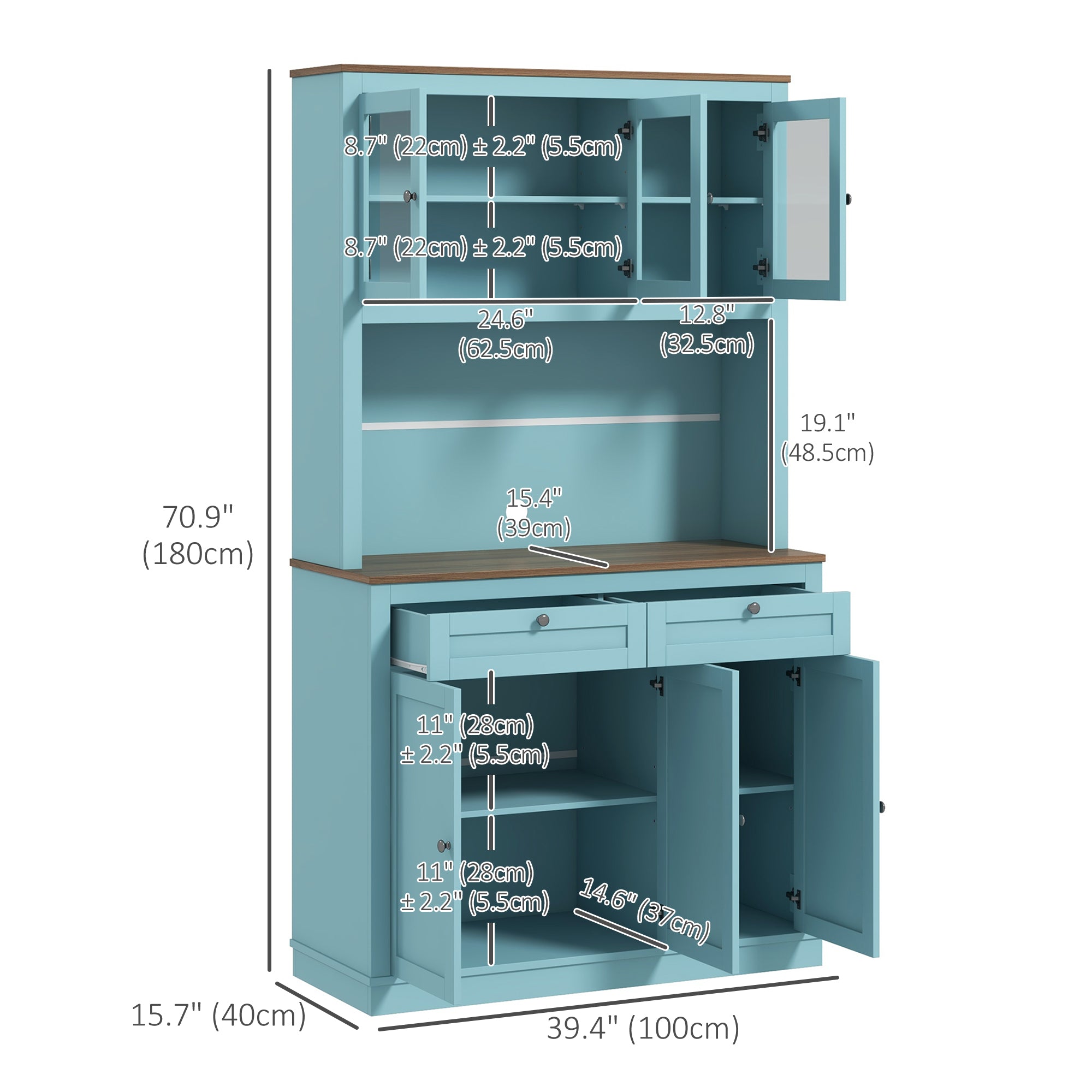 HOMCOM 71" Tall Kitchen Pantry Storage Cabinet with Microwave Space, Freestanding Buffet with Hutch, 2 Drawers, 4 Cabinets, Adjustable Shelves, Glass Doors, Blue