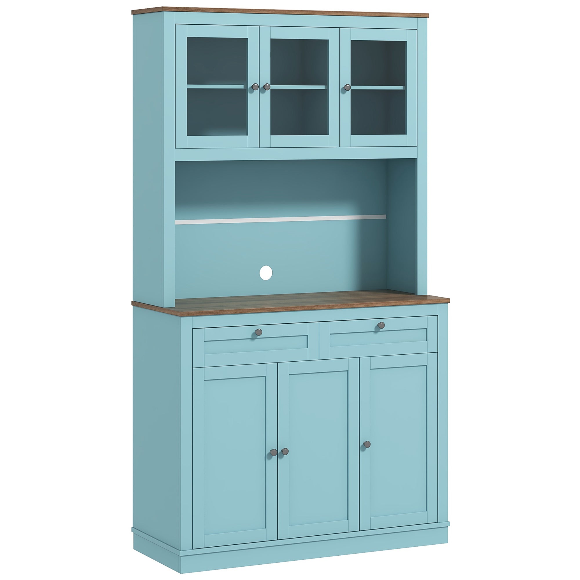 HOMCOM 71" Tall Kitchen Pantry Storage Cabinet with Microwave Space, Freestanding Buffet with Hutch, 2 Drawers, 4 Cabinets, Adjustable Shelves, Glass Doors, Blue