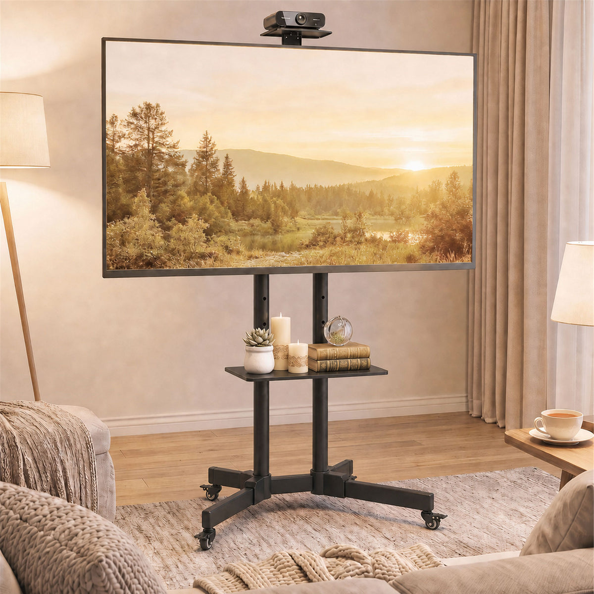 Mobile TV Stand on Wheels for 32-75 Inch Screens, Mobile TV Cart with Tilt, Height Adjustable, Locking Wheels, Camera Shelf & Media Shelf, Max VESA 400 x 600 mm, Black