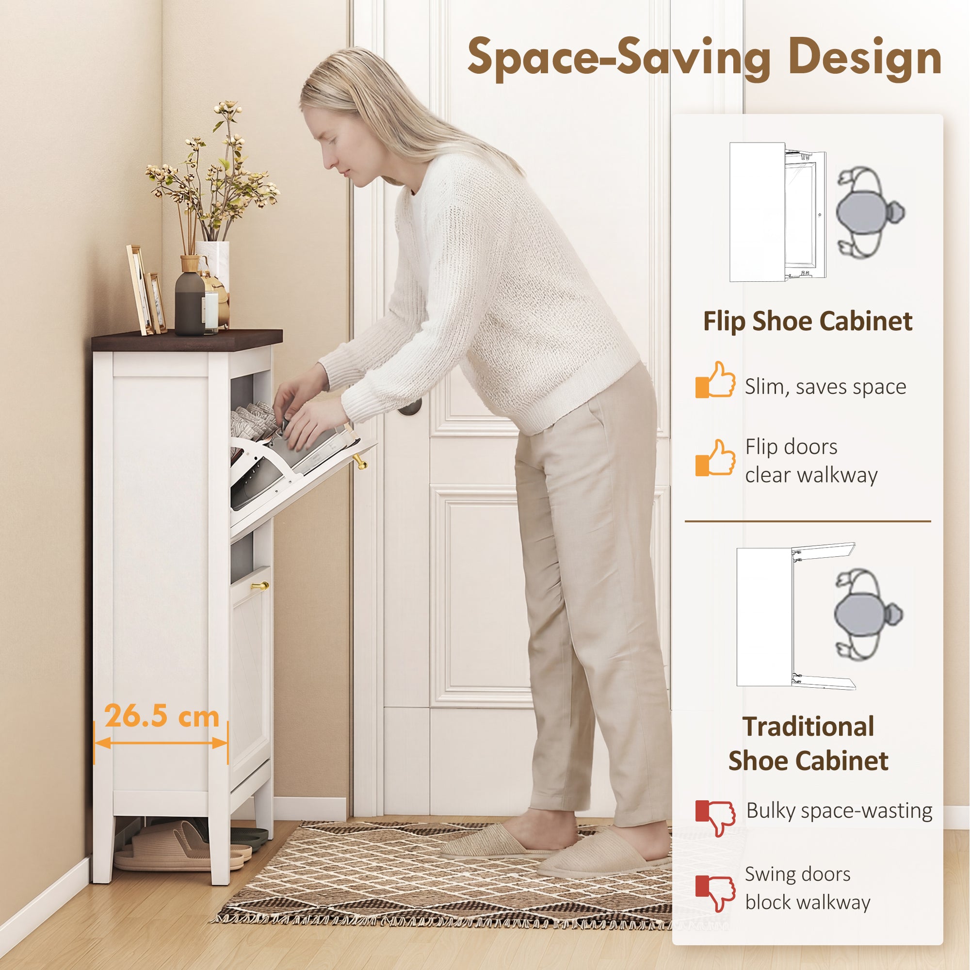 Shoe Cabinet with 2 Flip Drawers, Farmhouse Narrow Shoe Storage Cabinet with Adjustable Shelves, Freestanding for Entryway, Hallway, Living Room, Holds 8-12 Pairs, White