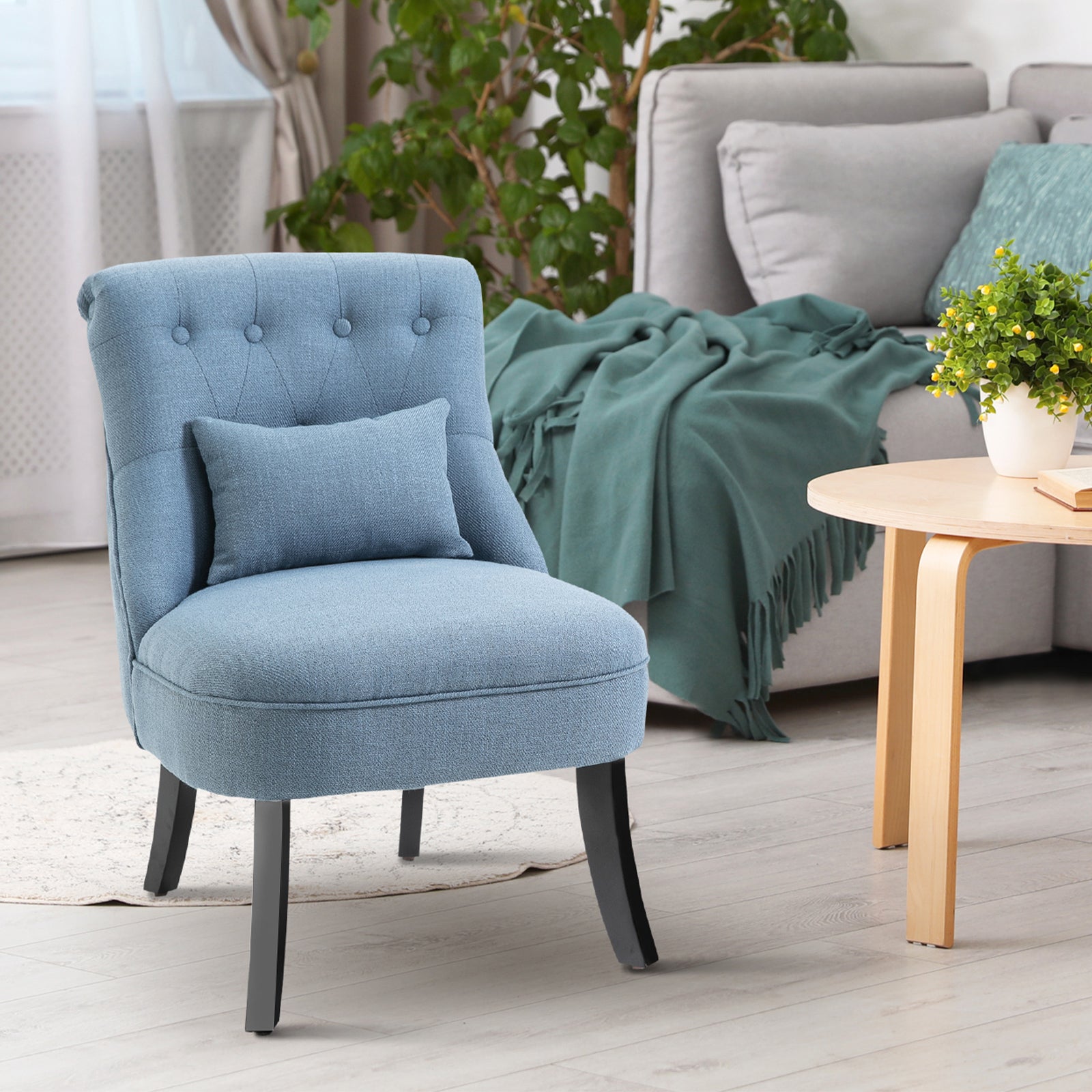 HOMCOM Fabric Single Sofa Dining Chair Tub Chair Upholstered W/ Pillow Solid Wood Leg Home Living Room Furniture Blue