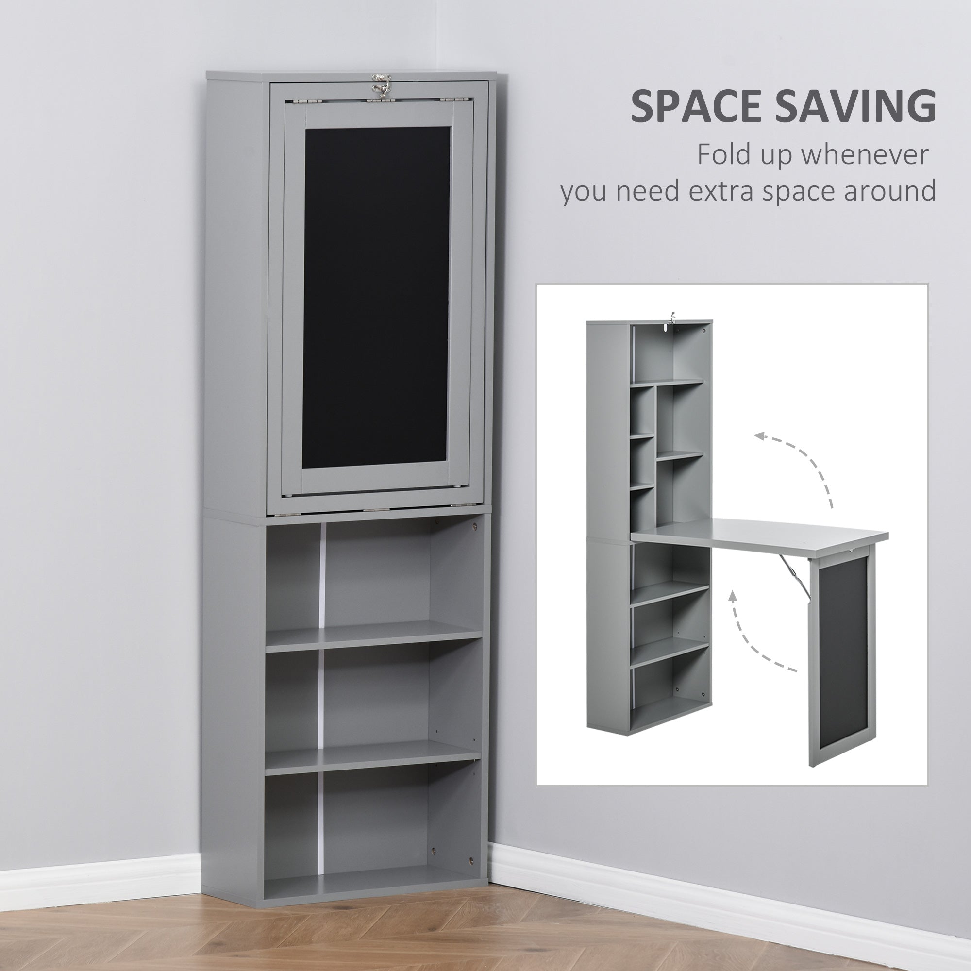 HOMCOM Wall Mounted Computer Desk, Folding Study Table with Black Board and Bookshelf, Multifunctional Floating Writing Desk for Home Office, Grey