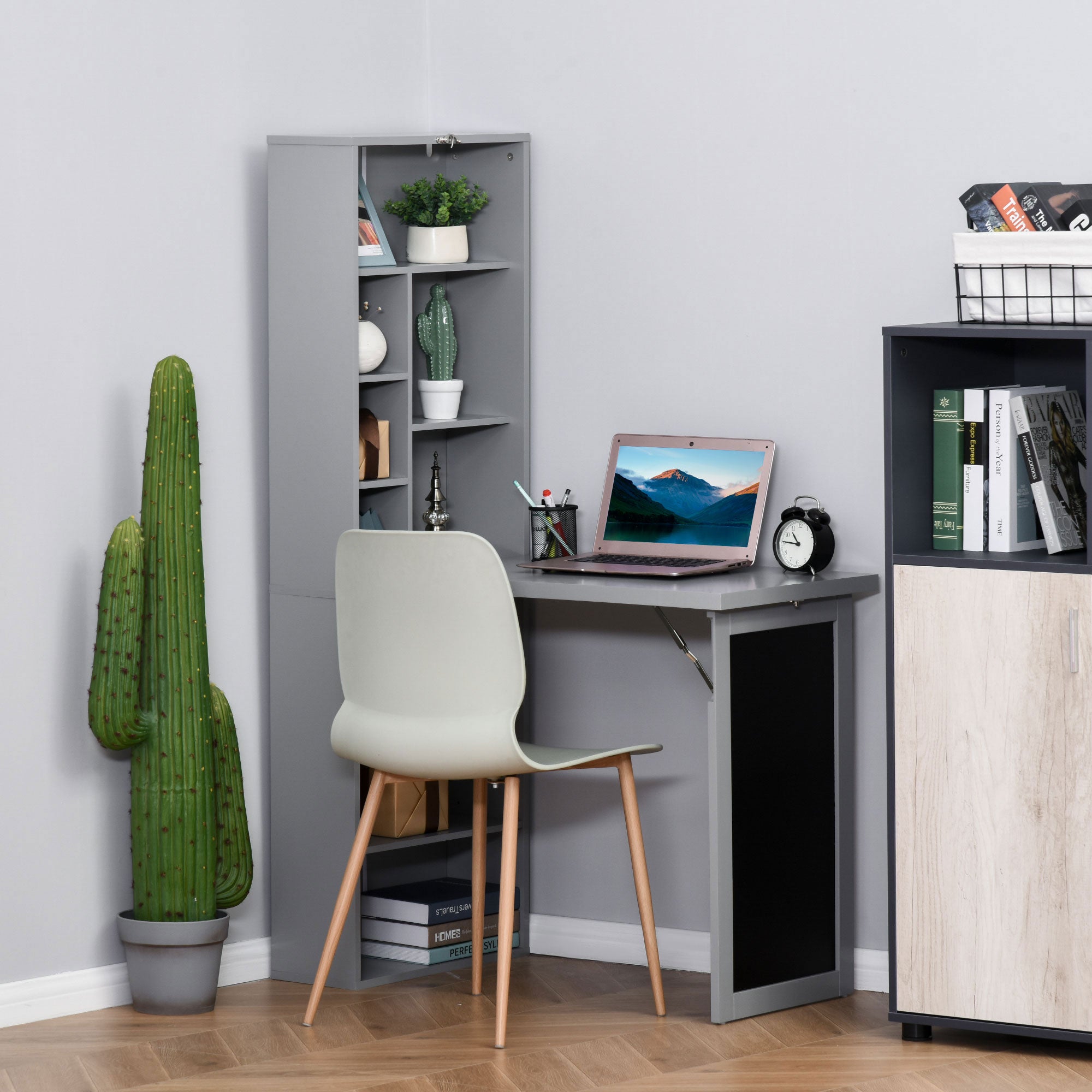 HOMCOM Wall Mounted Computer Desk, Folding Study Table with Black Board and Bookshelf, Multifunctional Floating Writing Desk for Home Office, Grey